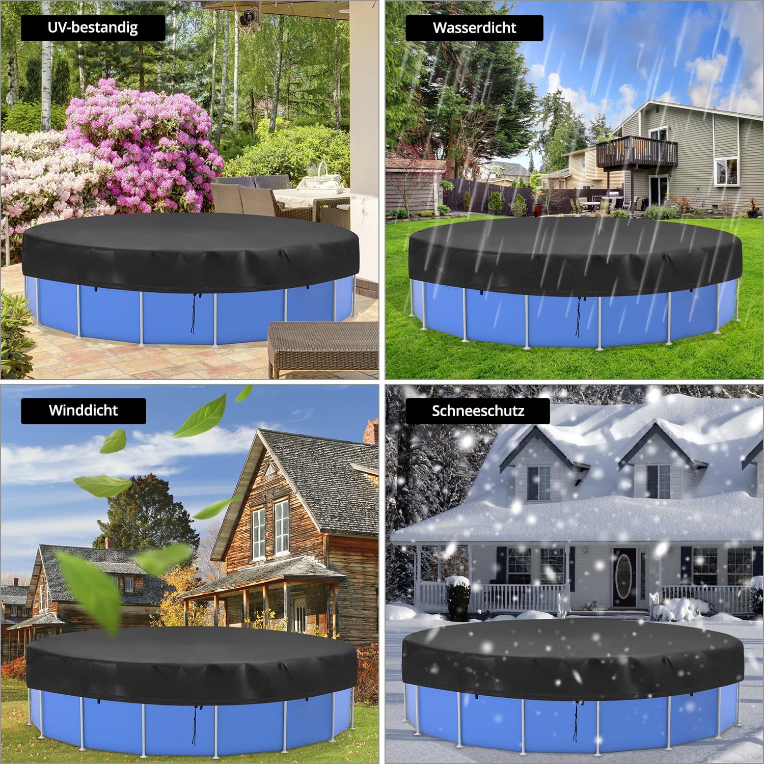 QWORK® Cobertor Piscina Redondo 460cm, Lona Cobertor Piscina, Lona Protección UV, 420D Oxford, Negro