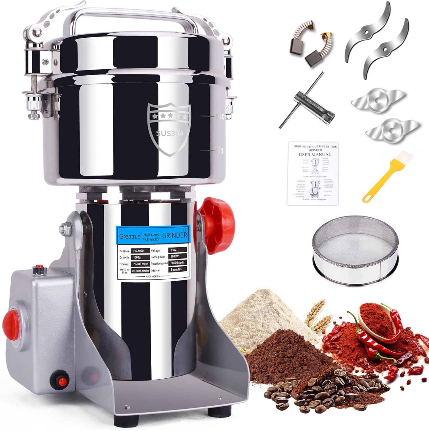 750g Electric Grain Mill Grinder, 304 Stainless Steel Flour Mill, 2800W High Speed Spice Grinder, Electric Grain Mill for Dry Wheat, Oats, Corn, Pepper and Coffee Beans