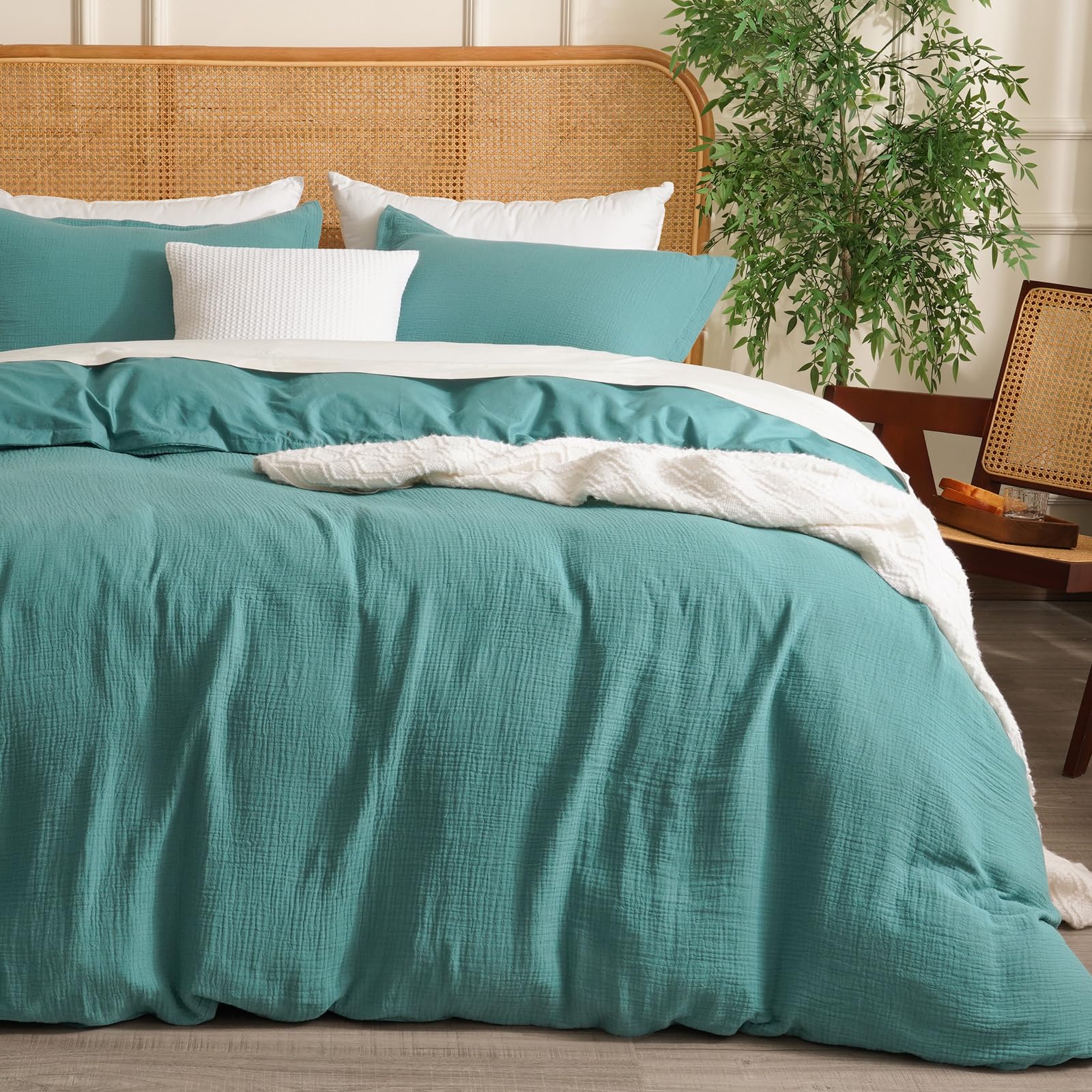 david's home 100% cotton muslin duvet cover set queen size,3 pcs ultra soft breathable & lightweight gauze bedding set with 2 pillowcases,textured home decor with button, 90"ã—90" teal,no insert