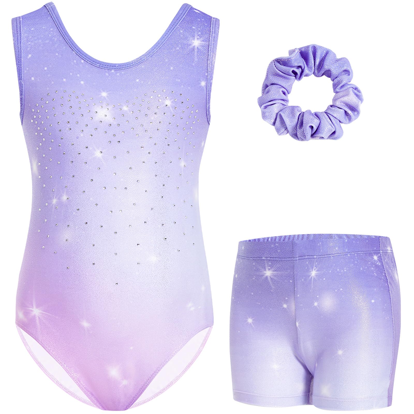 Gogokids Ärmelloses Gymnastiktrikot-Set für Mädchen, dreiteilig mit Shorts und Haargummi, Kinder Gymnastik Outfits mit Aushöhlen & überkreuztem Design, Glitzer Ballett-Einteiler für Alter 3-12