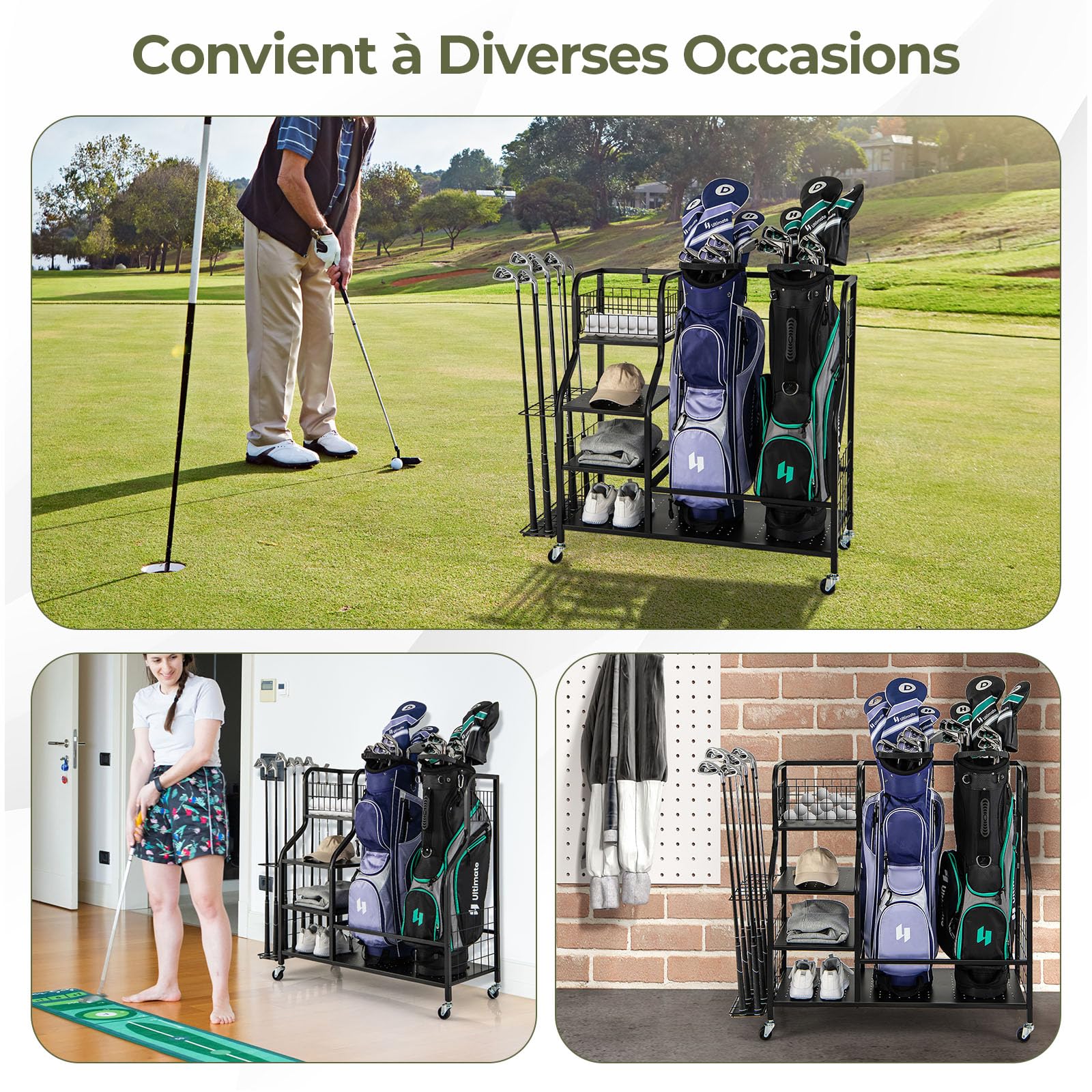 GYMAX Organisateur Rangement pour Clubs de Golf avec 4 Roues Verrouillables, Rangement de Sac et Accessoires de Golf avec Étagère et Crochets
