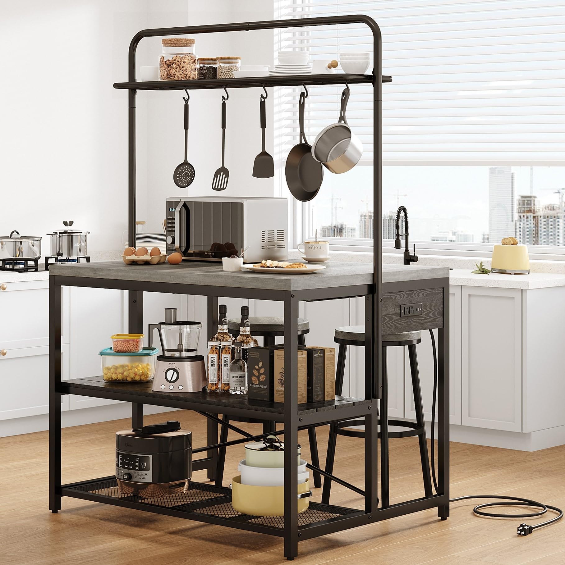 46" Large Kitchen Island Table Baker Rack with Power Outlet and 3-Tier Storage-Microwave Stand Oven Shelf, Metal Coffee Bar Table,Kitchen Storage Shelf for Dining Living Room, 5 Hooks,Grey