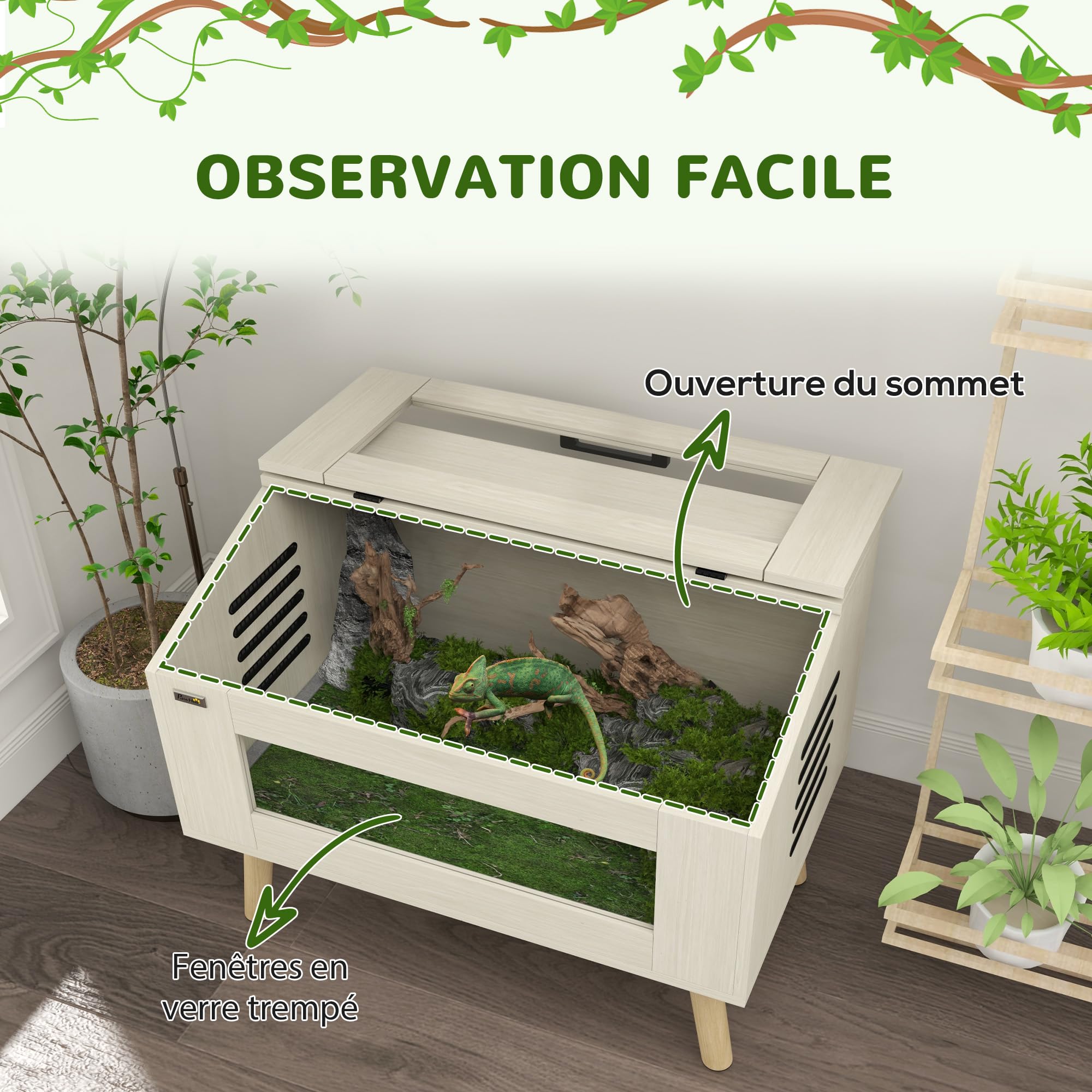 PawHut Terrario per rettili con ventilazione laterale, vivarium per serpenti da 111L con finestre in vetro temperato, coperchio, 80 x 50 x 60 cm legno naturale