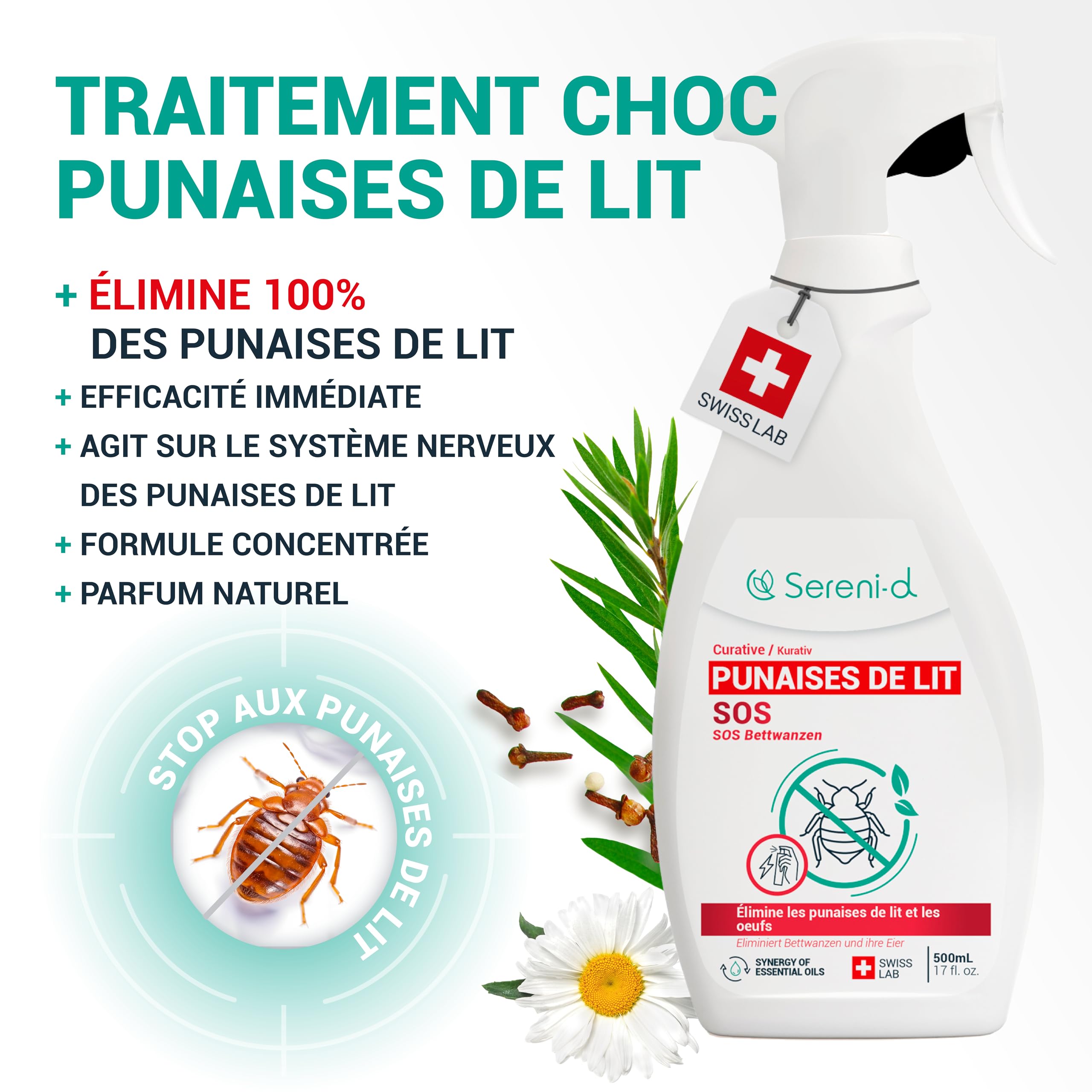 SOS ANTI PUNAISES DE LIT XXL - Spray Insecticide CHOC Traitement naturel aux Huiles Essentielles et Fleur de Pyrèthre Végétal - Produit qui élimine les punaises de lit - 500mL