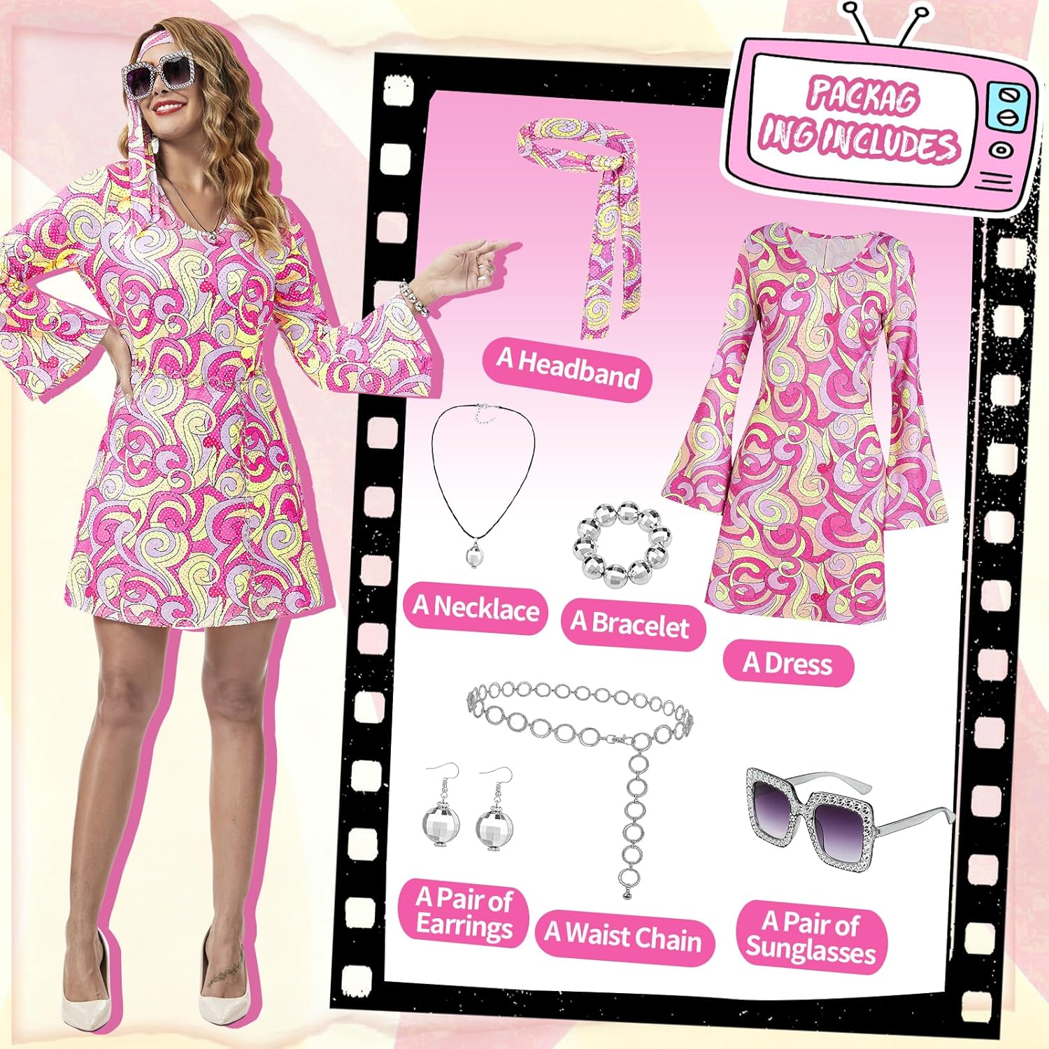 70s Disco Outfits for Women, 7 Pcs 60s Outfits Hippie Costume Women Accessories Jewelry Prom Bling Dress - Image 4