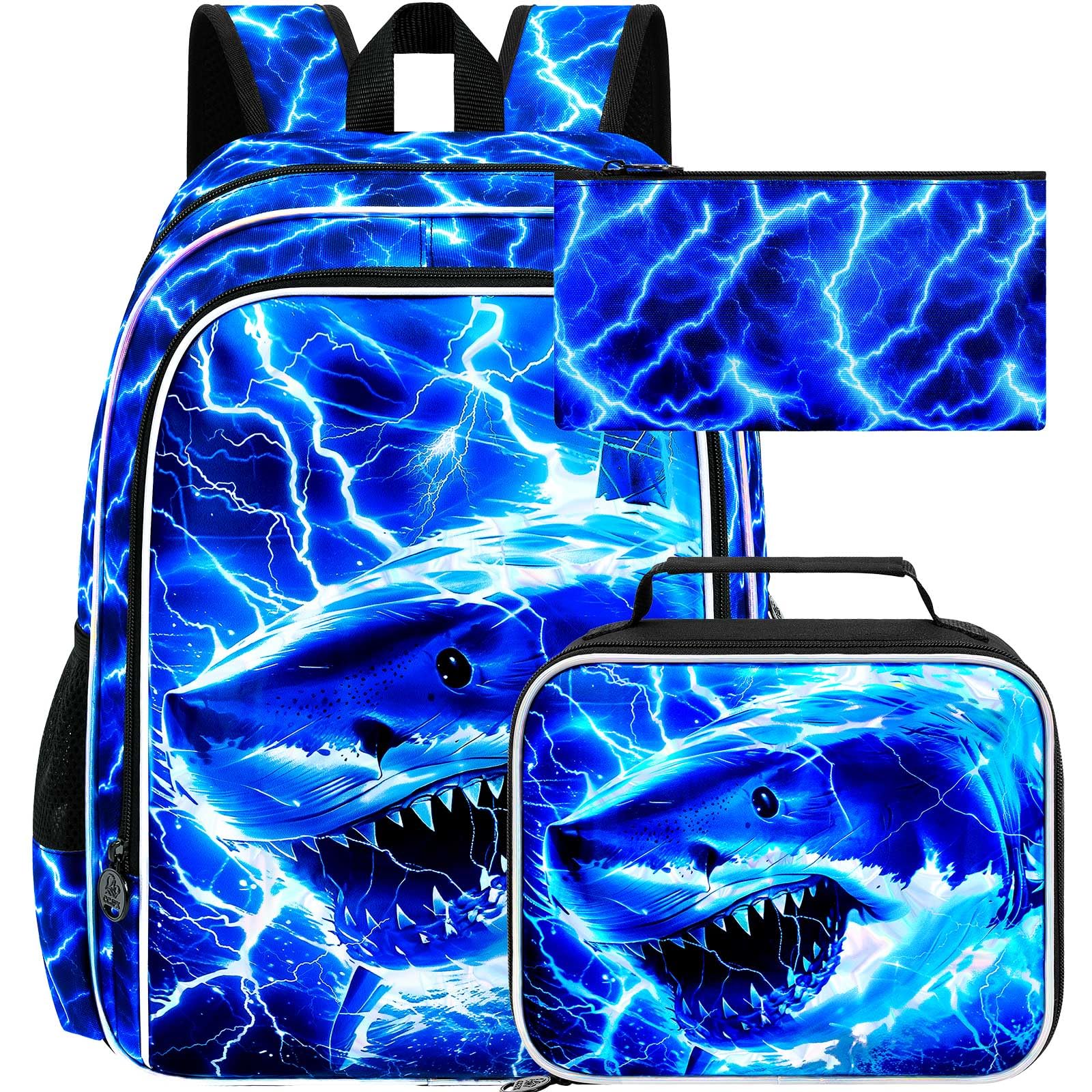 17" Shrak Backpack for Boy, 3Pcs Lightning Bookbag for Elementary Preschool Kindergarten, Kids School Thunder Backpacks with Lunch Box (Blue)