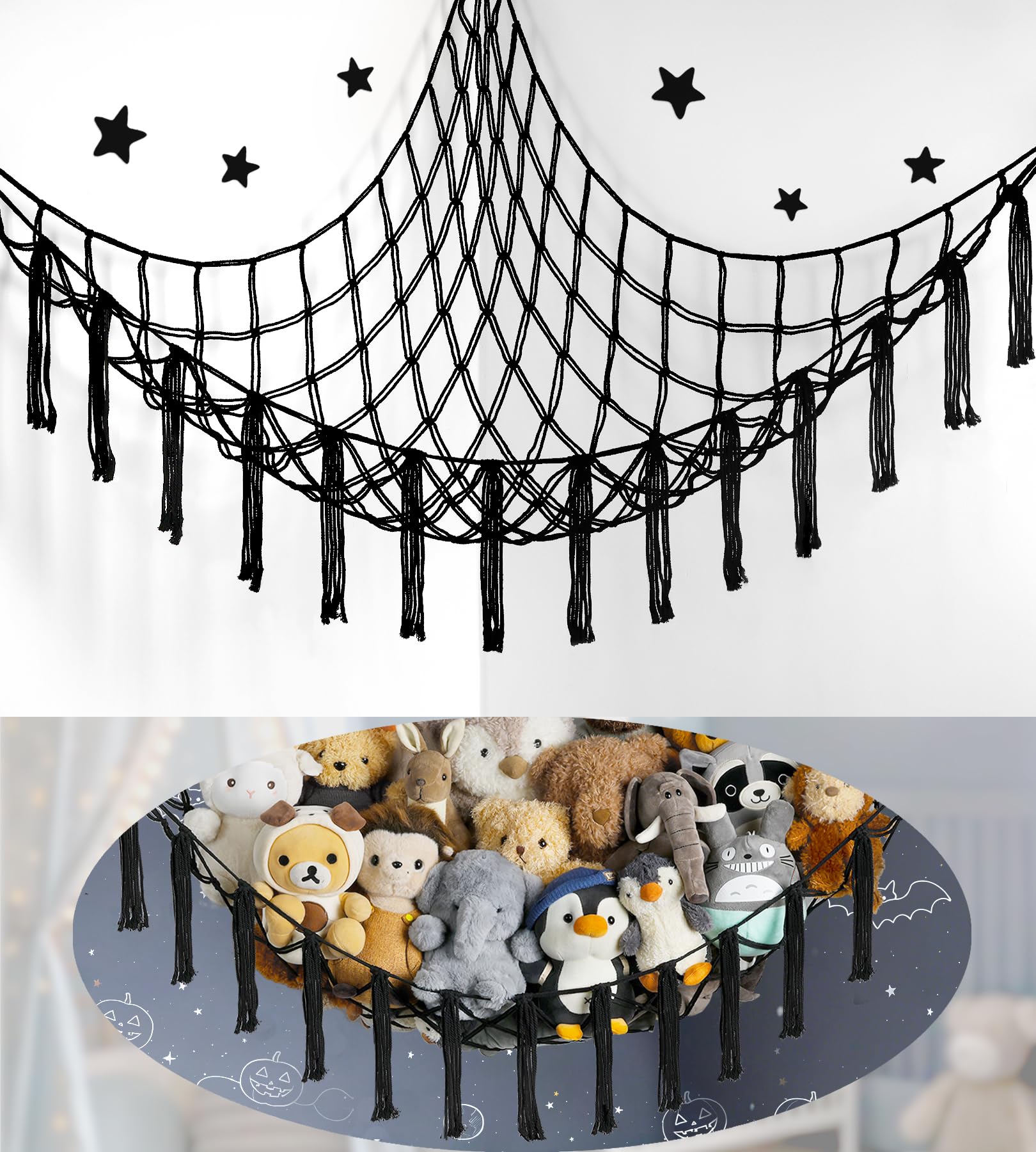 Stuffed Animal Storage Hammock or Net Corner - Large Toy Hammock Net for Stuffed Animals Room Decor - Cute Stuff Animal Organizer Plush Holder - Kids Baby Nursery Essentials Wall Bedroom Home Decor