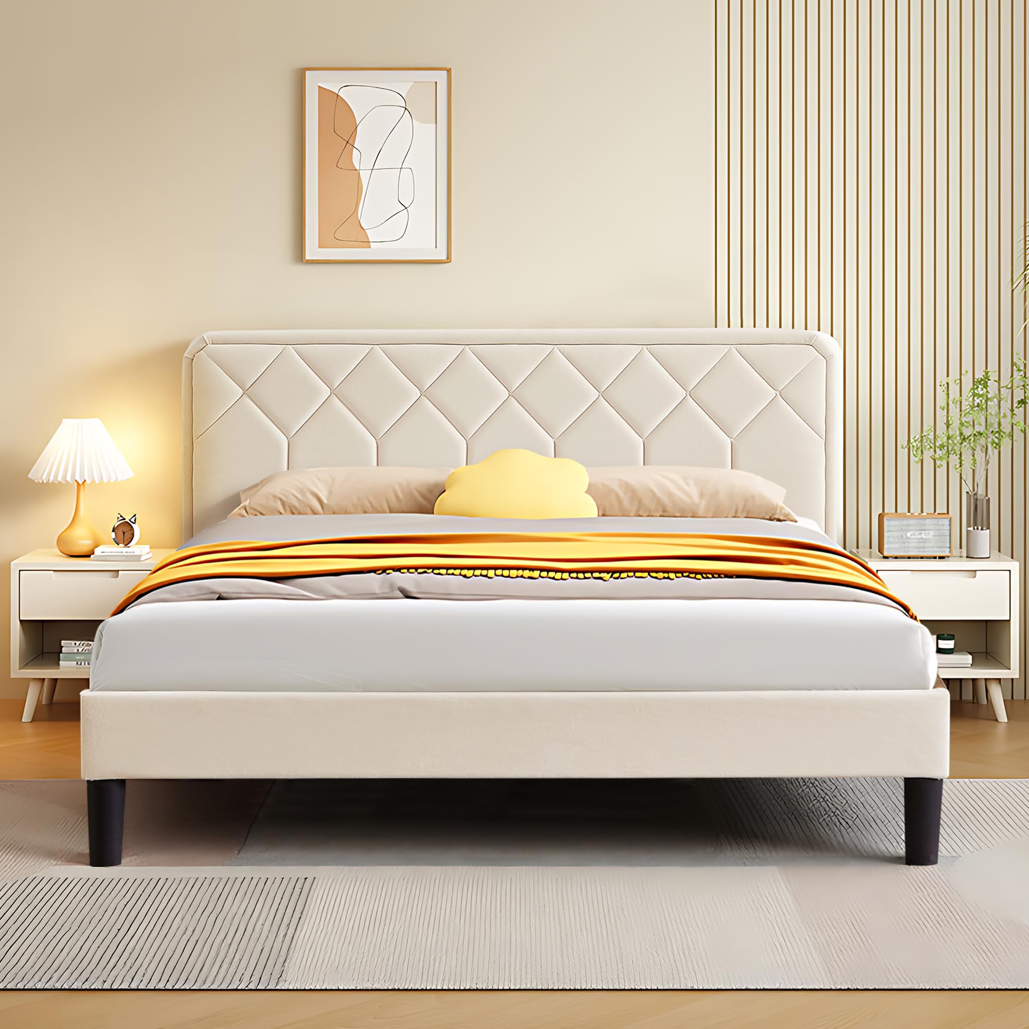 Lit Rembourré 160 X 200 Cm - Avec Tête De Lit Et Dossier Allongés - étagères Des Deux Côtés De La Tête De Lit - Avec Sommier à Lattes - Tissu Velours - Gris