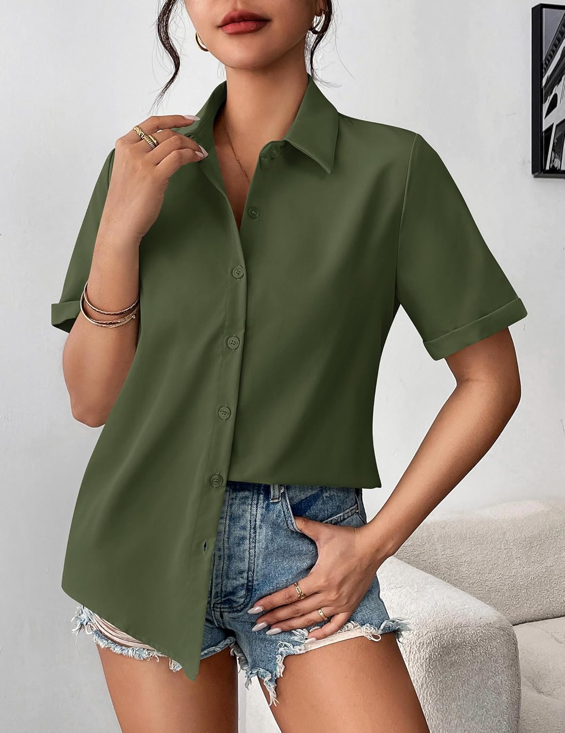 Zeagoo Womens Button Down Blouse Rolled Cuffed Short Sleeve Shirts Casual Work Blouse Summer Hawaiian Outfits - Image 2