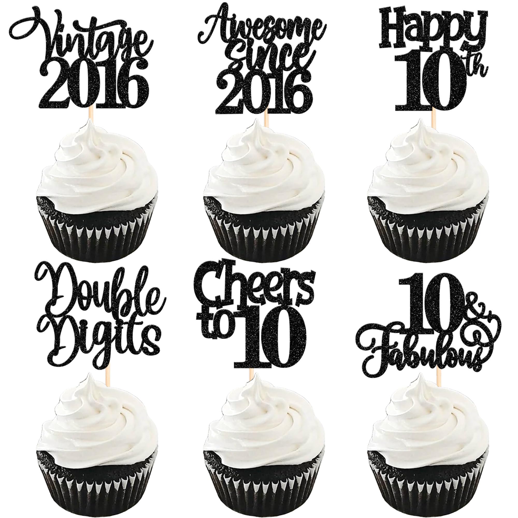 30 Stück Vintage 2016 Tortendeko Glitzer Happy 10th Ten Awesome Since 2016 Cupcake Toppers 10 Fabulous Kuchen Deko für 10. Geburtstag Hochzeitstag Party Kuchen Dekorationen Schwarz
