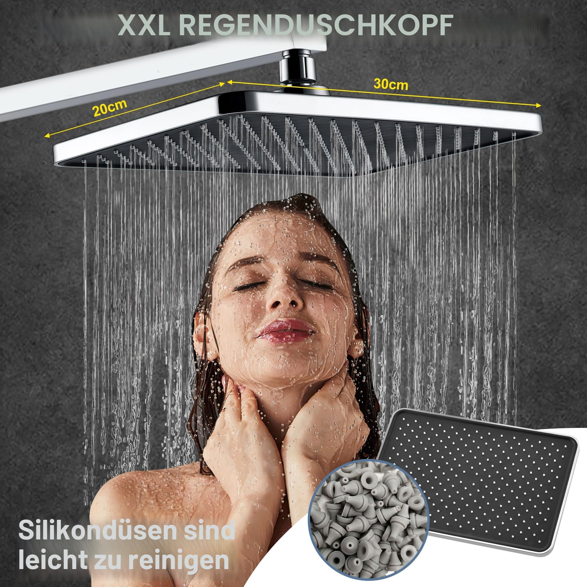 SonTiy Duschsystem Regendusche, Edelstahl Duschset ohne Armatur, Schwenkbare Quadratische Duschgarnitur mit Duschkopf Regendusche 20X30cm & 3 Strahlarten Handbrause, Messing Duschumsteller, Chrom