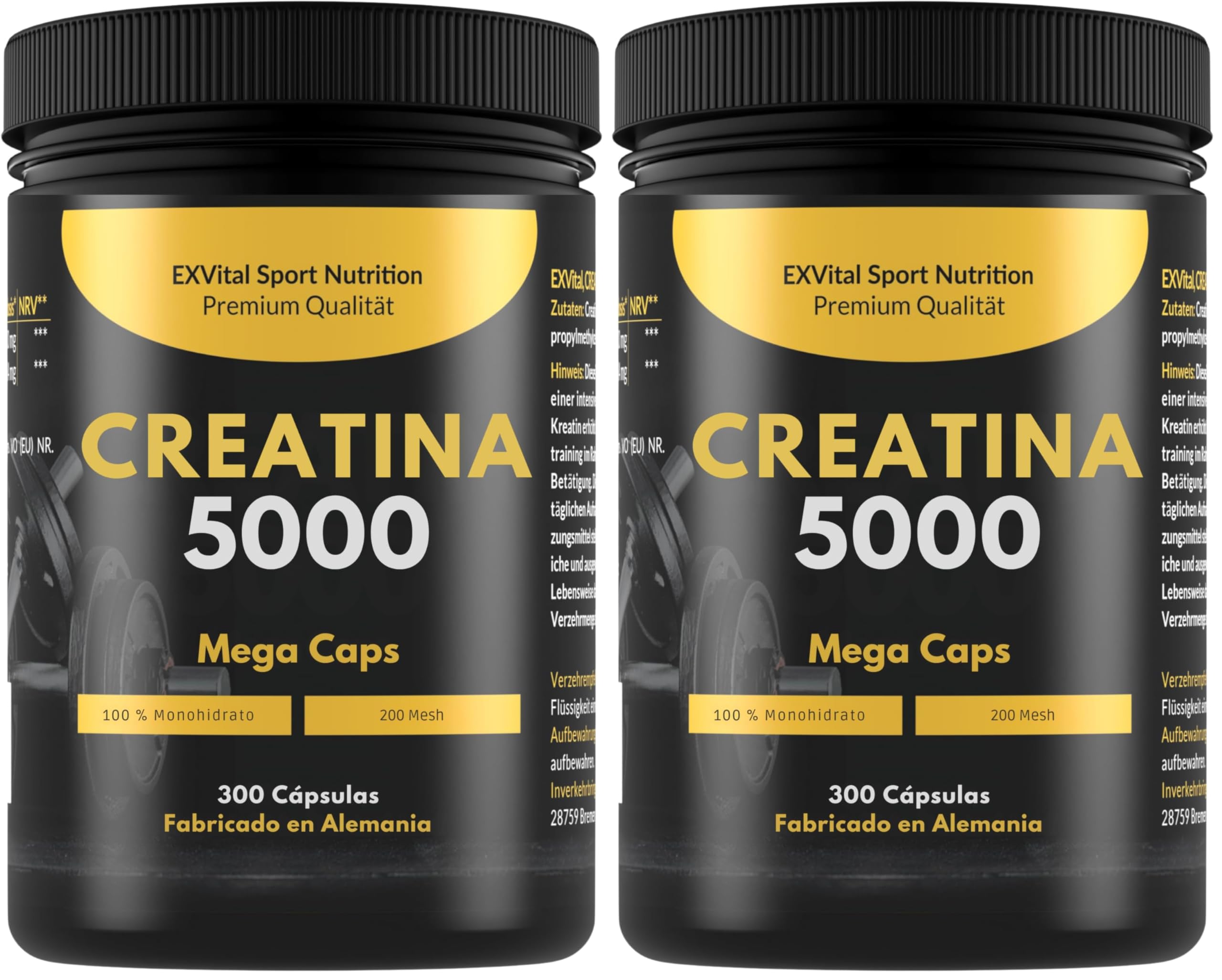 Creatina 5000 Mega Caps, 5000 mg creatina monohidratada/día, 300 cápsulas veganas, 100% pura, control laboratorio (Paquete de 2)