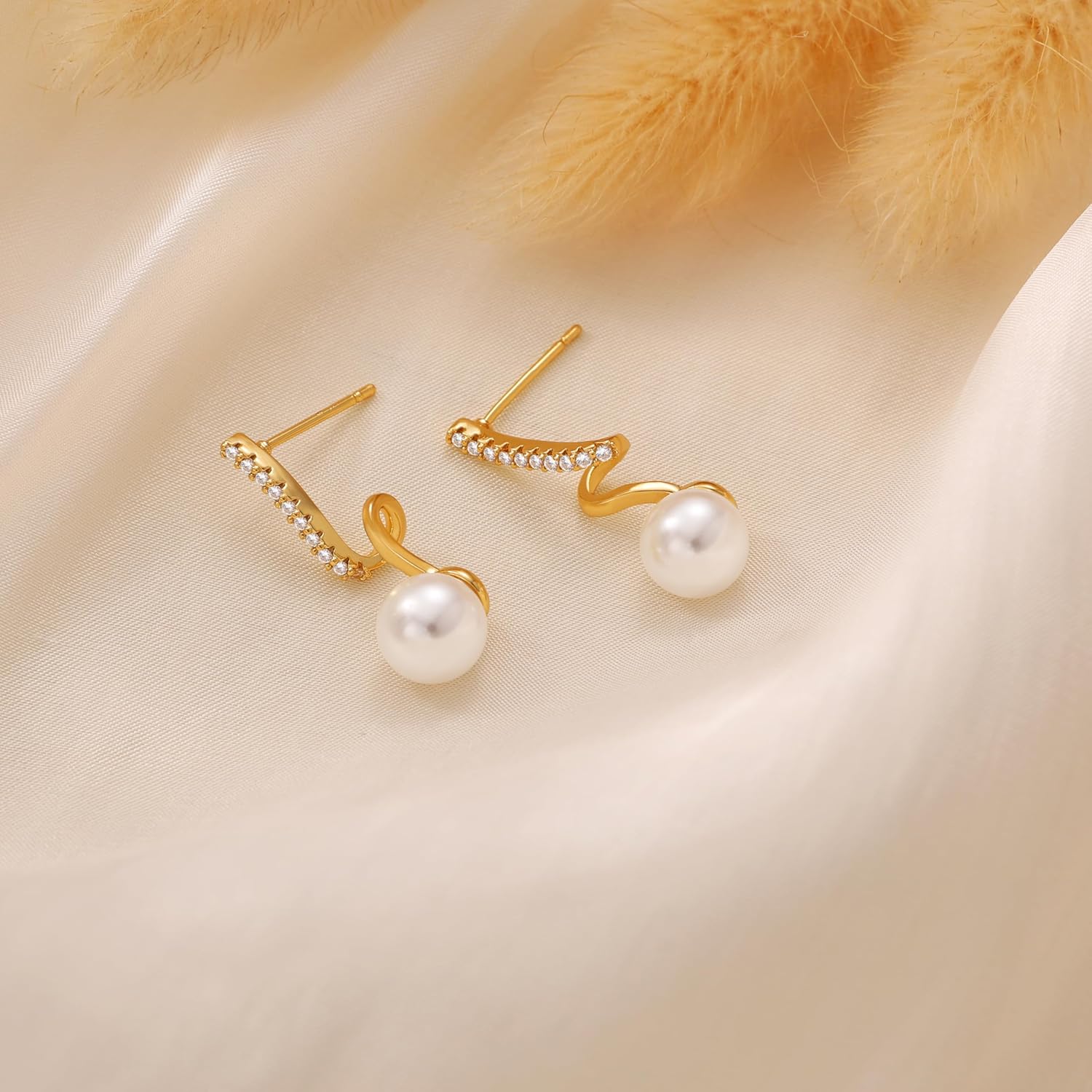 Pearl Earrings for Women, Trendy 14k Gold Pearl Dangle Drop Hoop Huggies Earrings Cubic Zirconia | Irregular | Knot Pearl Studs Hypoallergenic Lightweight Wedding Gold Earrings Jewelry Gift - Image 6
