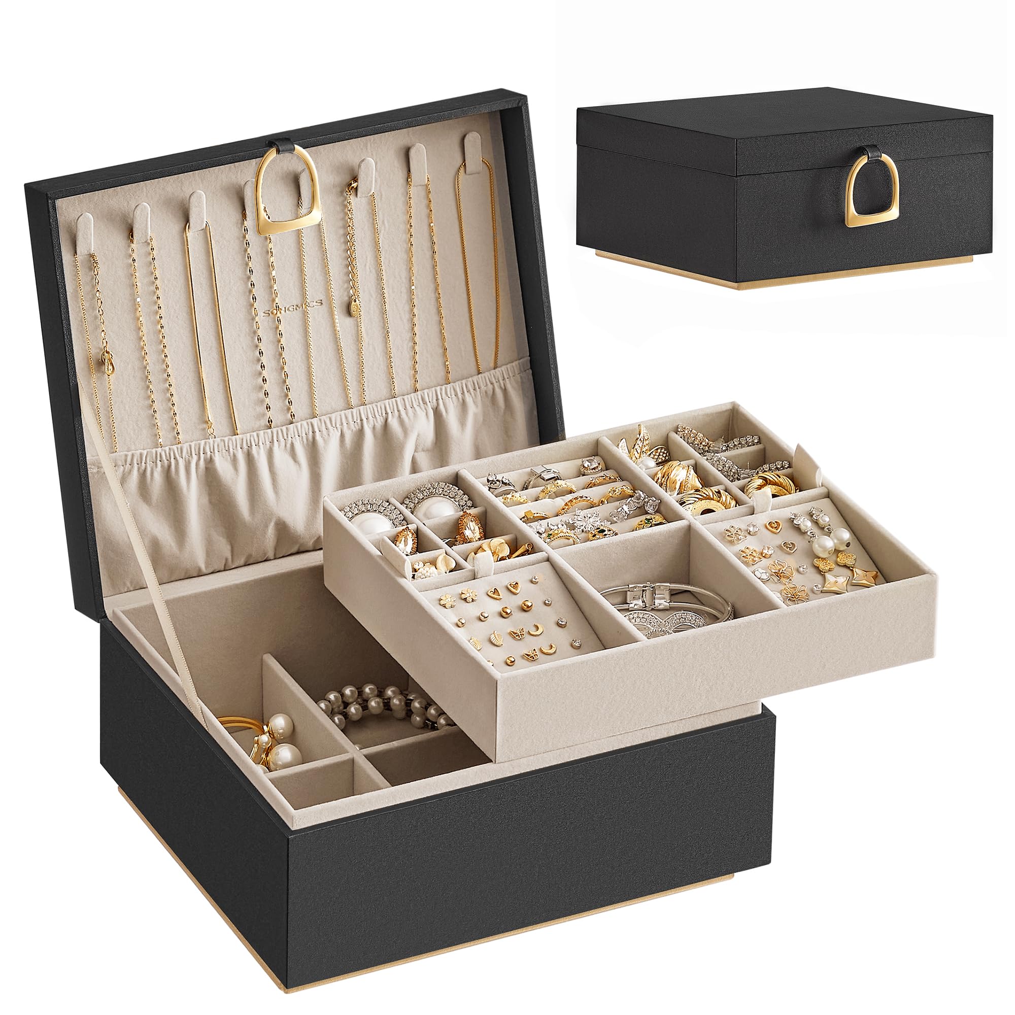 Songmics Black 2-Layer Jewellery Box, Jewellery Organiser With Handle, Removable Jewellery Tray, Jewellery Storage, Floating Effect, 20.5 X 24 X 11 Cm, Gift Idea, Jbc165b01