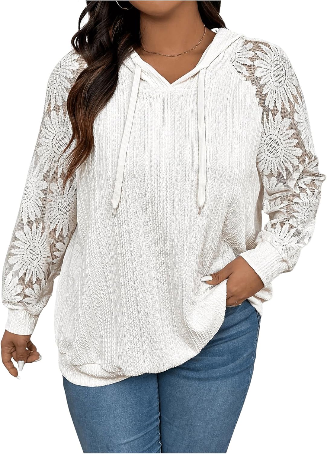 SOLY HUX Women’s Plus Size Lace Long Sleeve Hoodies Hooded Sweatshirts Casual Loose Pullover Tops
