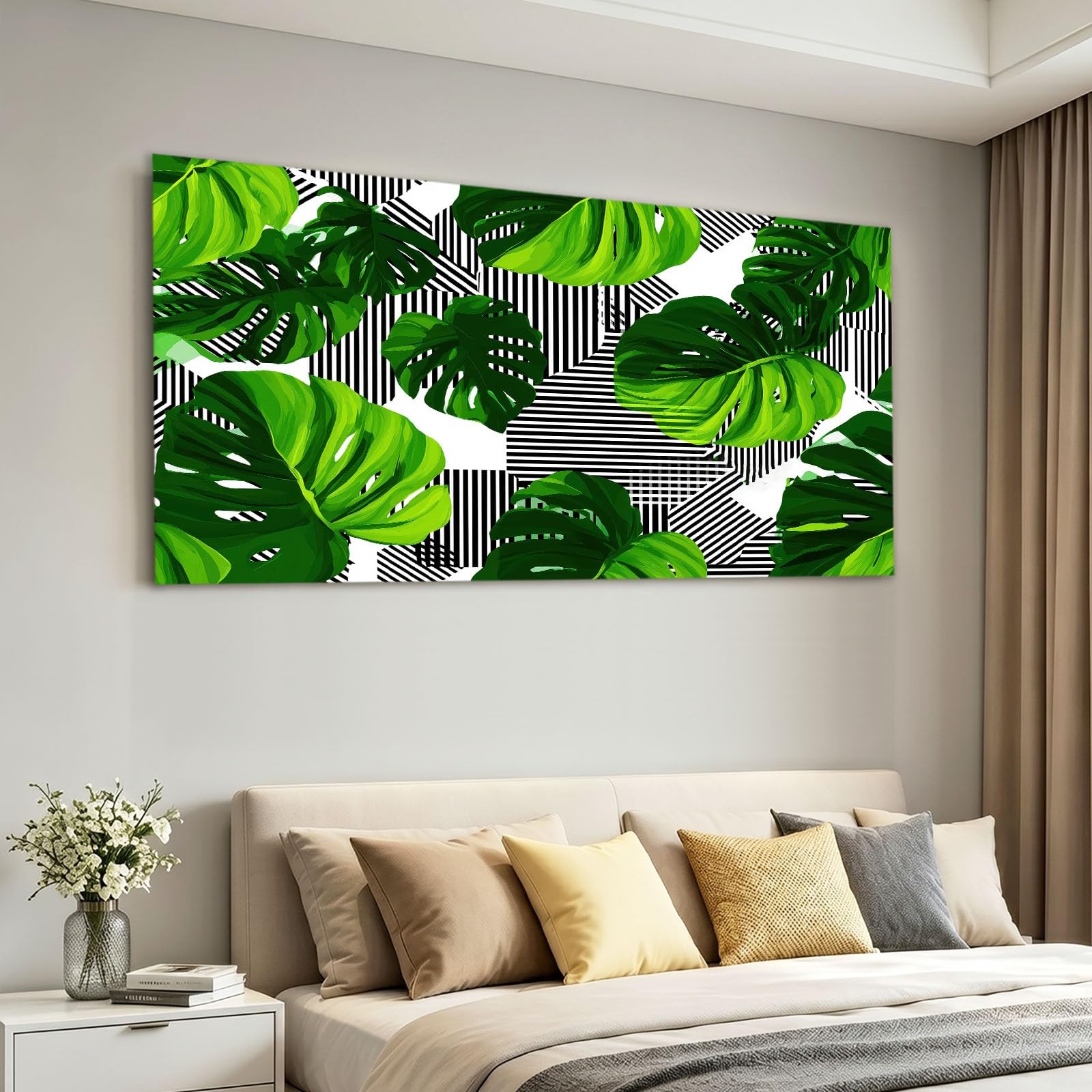 Wall Art 90 x 60 cm Stampa su tela astratta - Poster impermeabile verde geometrico a righe foglie di Monstera, pittura per soggiorno, camera da letto, ufficio, cucina, decorazione casa
