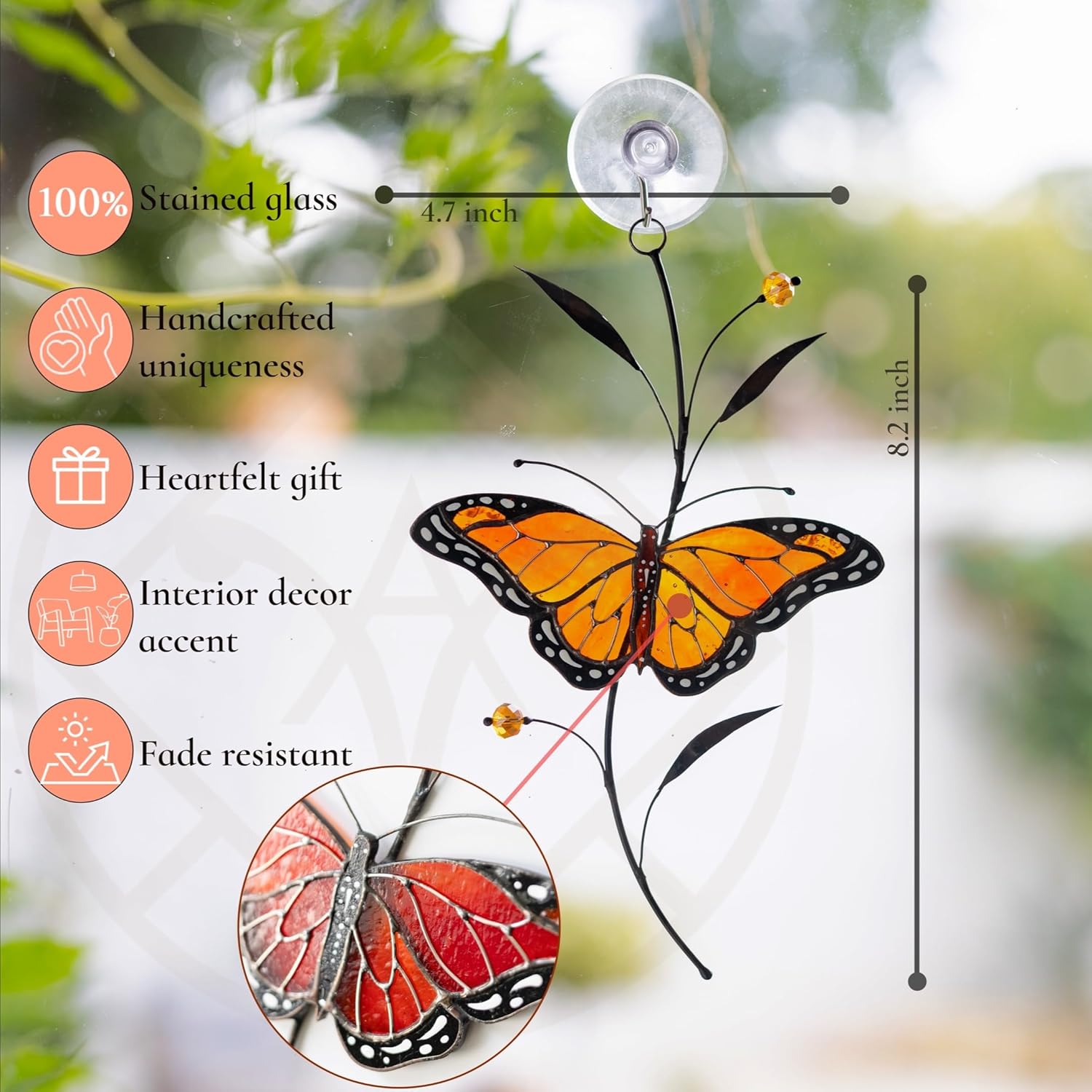 Stained Glass Window Hanging – Monarch Butterfly Decor for Windows – Lovely Glass Suncatcher for House Decoration – Colorful Stained Glass Adornment – Original Gift Idea