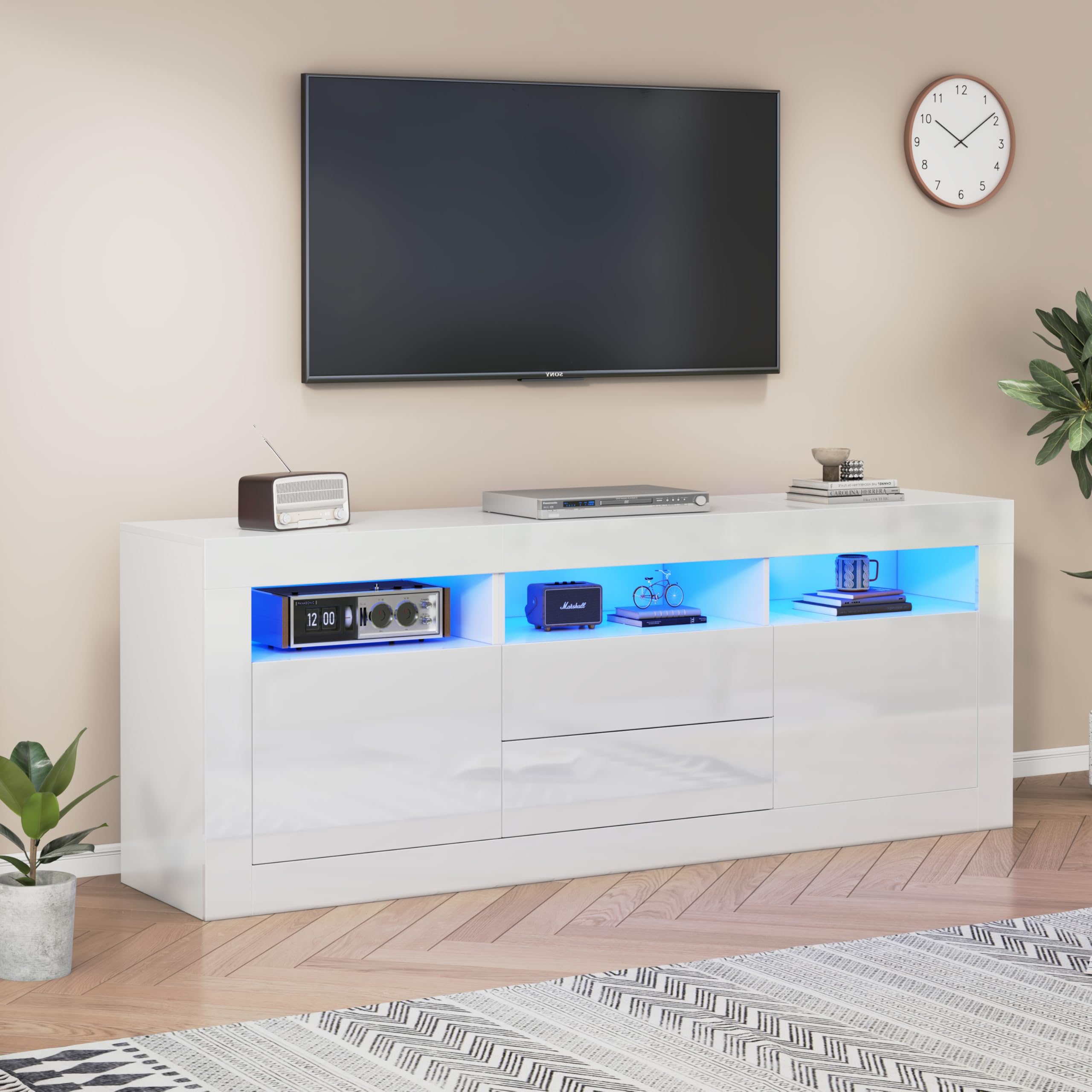 Murul Armario de tv de alto brillo con iluminación LED, 3 compartimentos, soporte para TV 70 pulgadas, 2 puertas y cajones, control Smart App, 160 × 35 × 60 cm