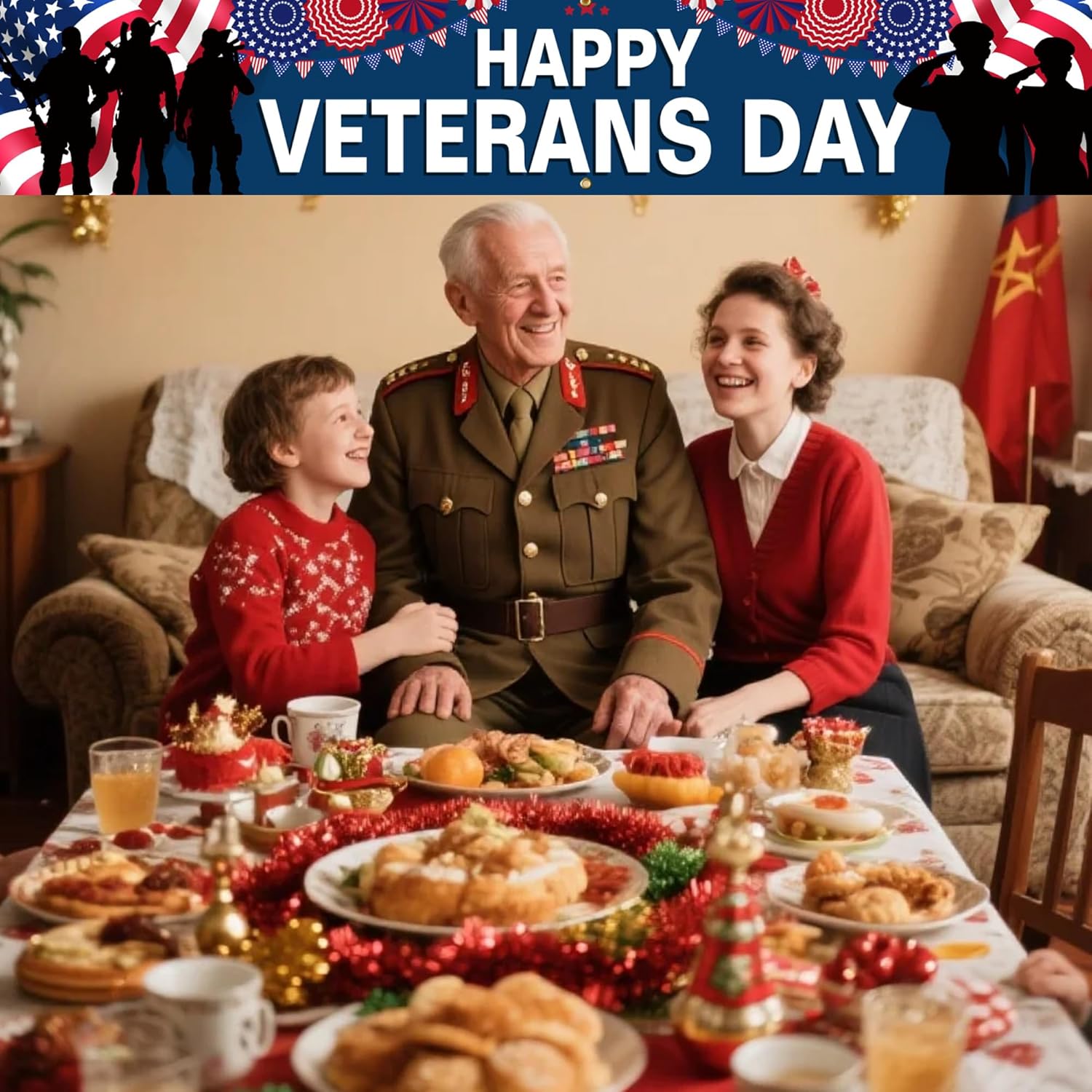 Happy Veterans Day Banner 120 x 20 inch Independence Day Memorial Day Backdrop Flag Banner Thank You Veterans Outdoor Decorations for Home Party - Image 5