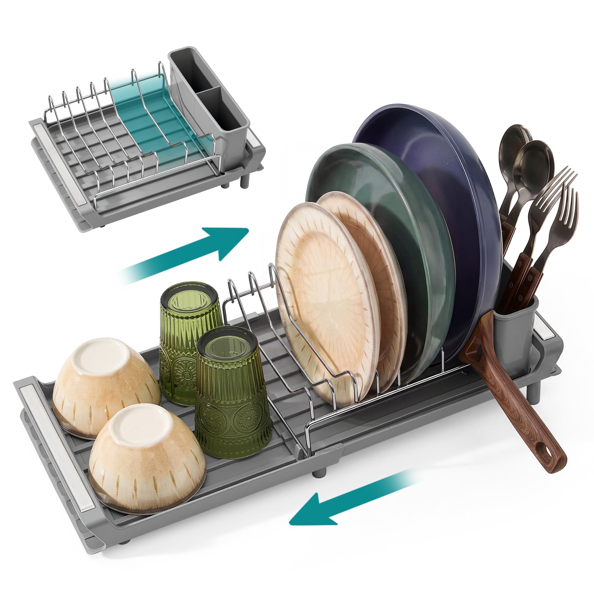SONGMICS Expandable Dish Drainer Rack with Removable Cutlery Holder, Anti-Rust Small Dish Drying Rack for Sink, Kitchen Counter, with Draining Board, Dove Gray CS044G101