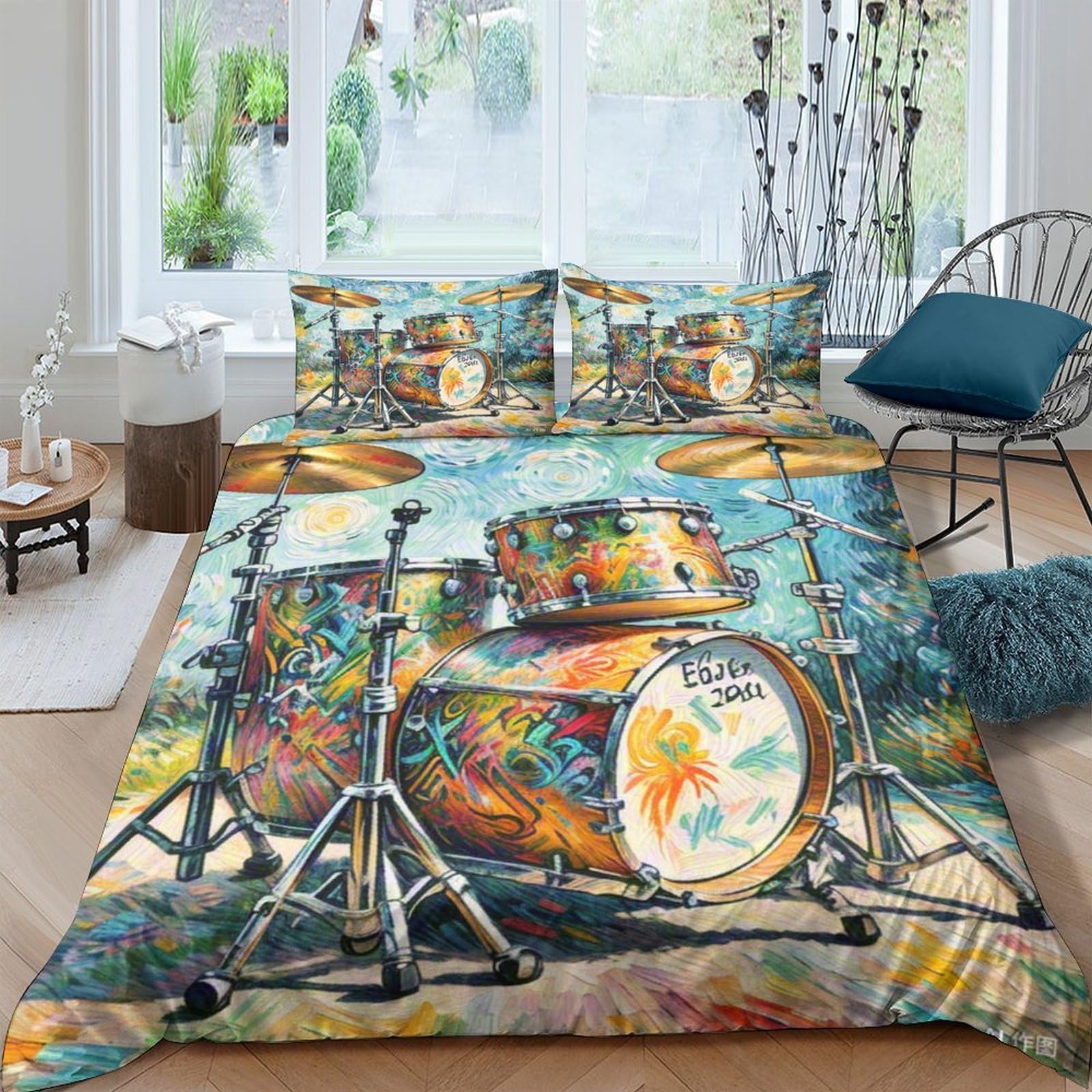 Parure de couette motif tambour 3D lit king pour créer une chambre d'enfant moderne