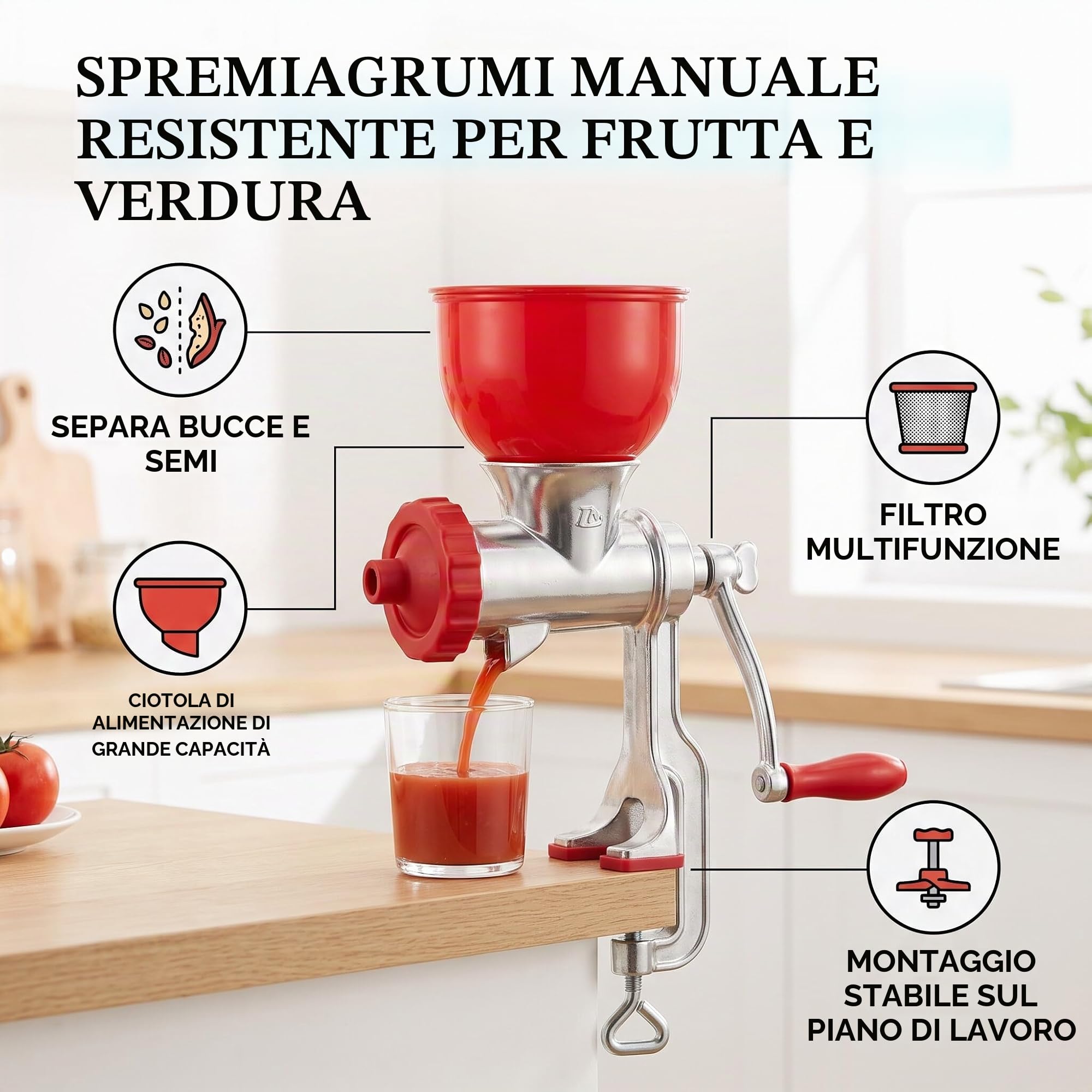 Spremipomodoro Manuale in Lega di Alluminio, Colino per Conserve di Pomodoro, Spremiagrumi per Frutta, Verdure, Limone, Arancia