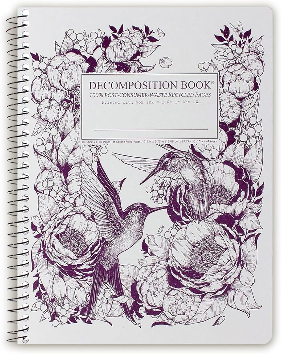 Decomposition Hummingbirds College Ruled Spiral Notebook - 9.75 x 7.5 Journal with 160 Lined Pages - 100% Recycled Paper - Notebooks for School Supplies, Home & Office - Made in USA
