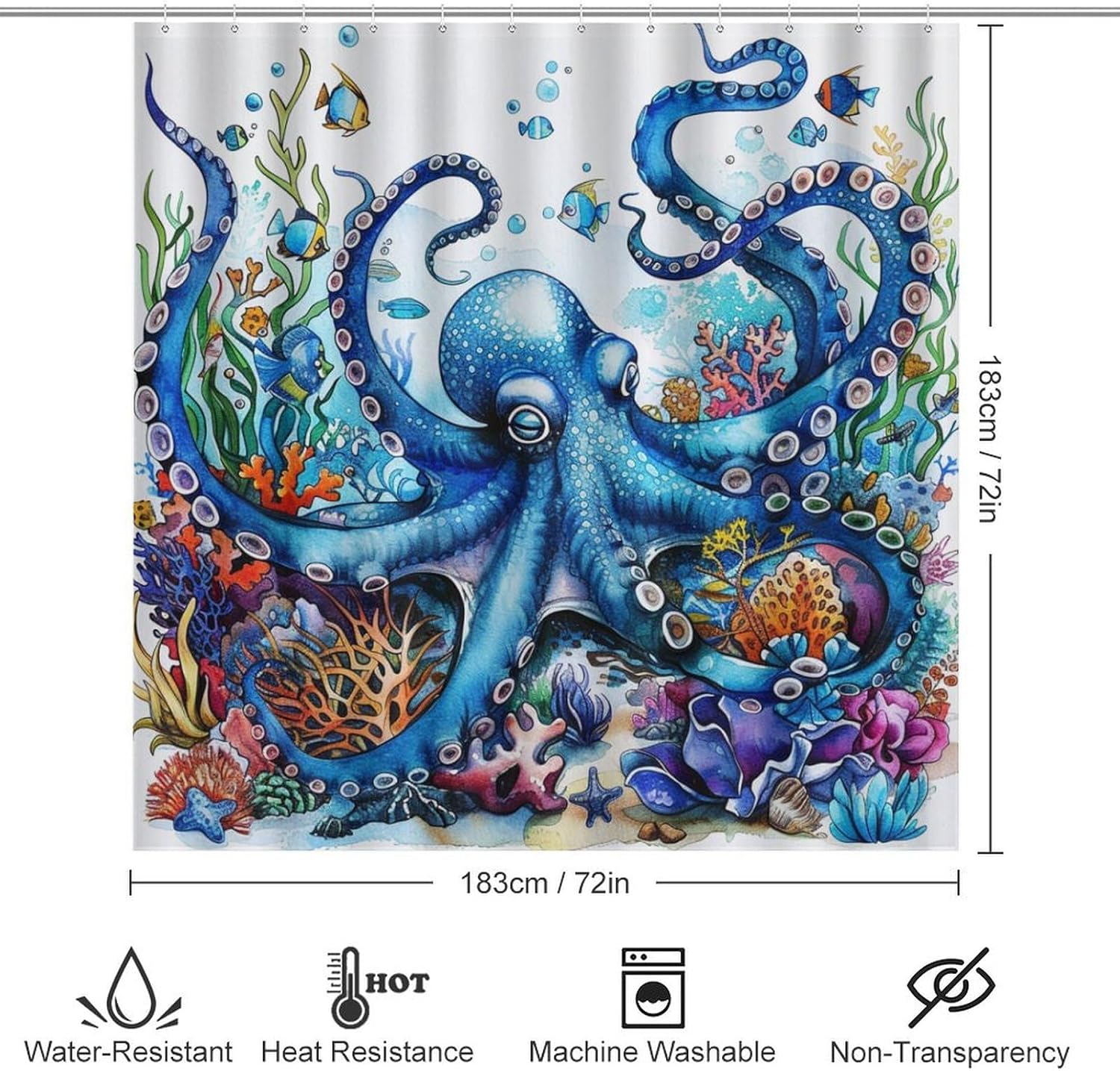 4Pcs Funny Octopus Marine Life Shower Curtain Set with Toilet Lid Cover Non-Slip Rugs for Bathroom, Ocean Fish Coral Seaweed Shower Curtain Bathroom Sets with Hooks, 72x72 Inch