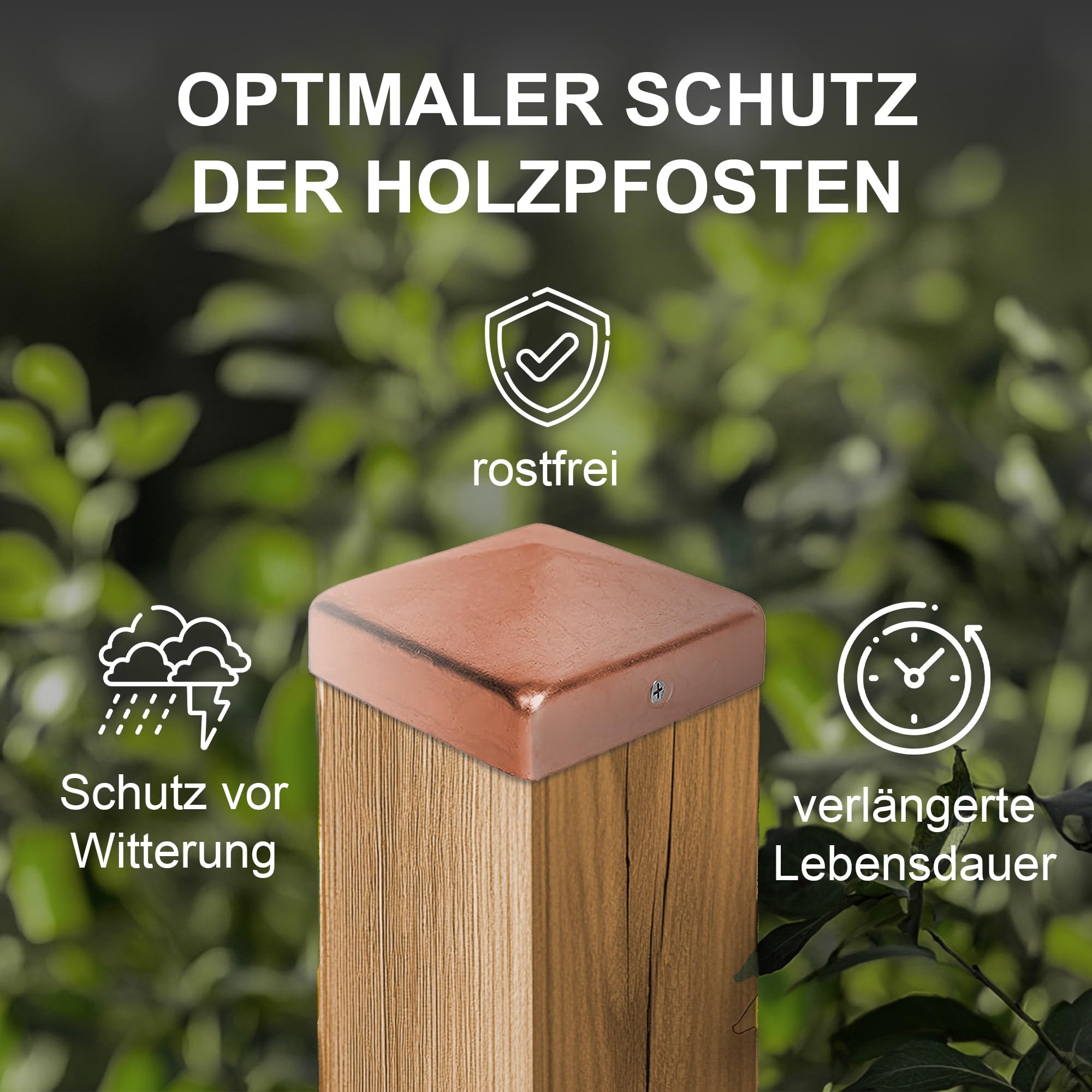 h2i Pfostenkappe | Kupfer | 71 x 71 mm | 5 Stück | Eckige Abdeckkappe für Garten Holzpfosten Pfostenträger & Zaunpfosten in Pyramidenform | Wetterschutz für Holz-Balken & Pfosten