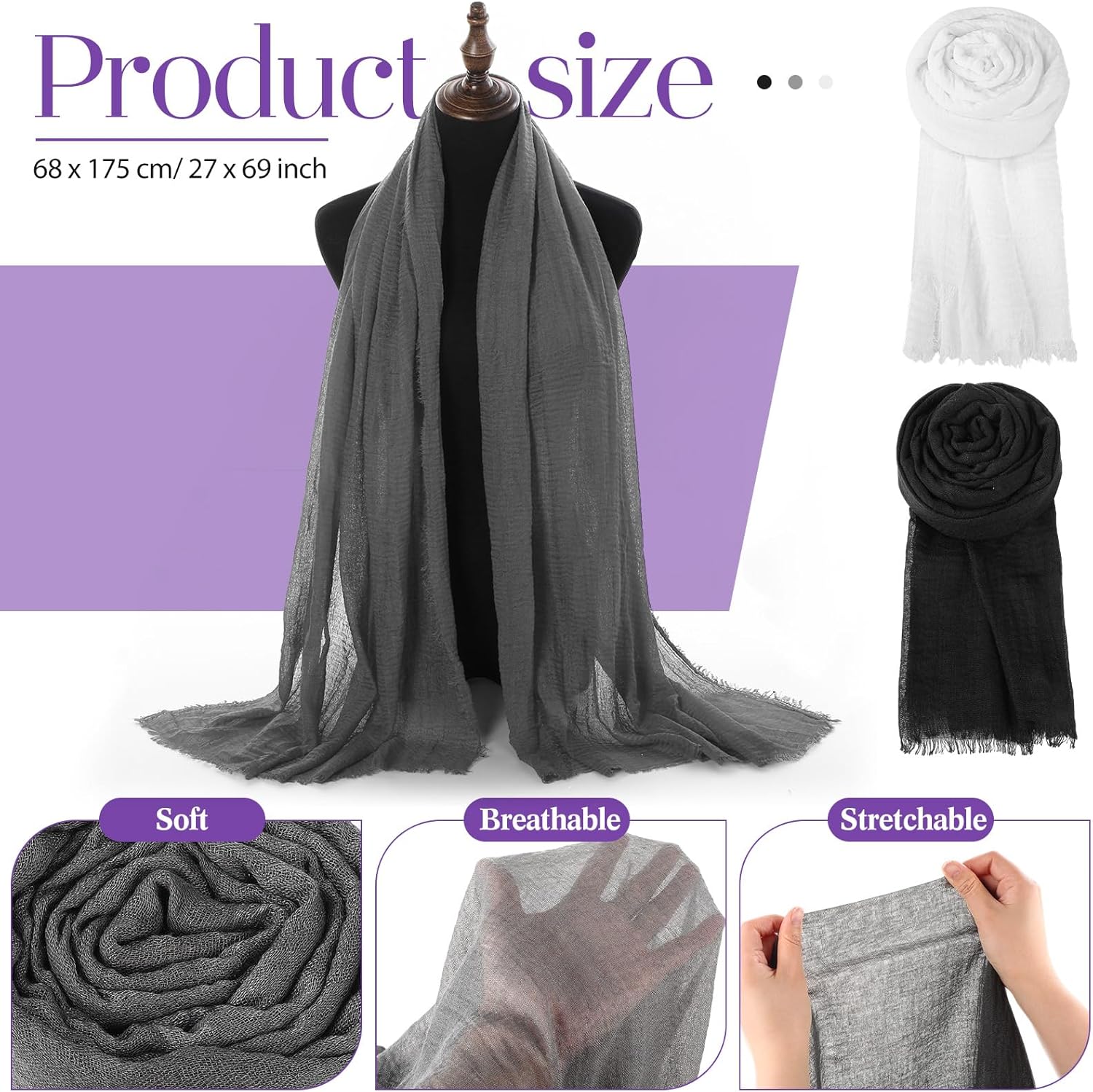 Yahenda 18 Picees Women Scarfs Shawl Hijab Soft Cotton Hemp Long Scarf Head Wraps for Women, 27 x 69 Inches - Image 2