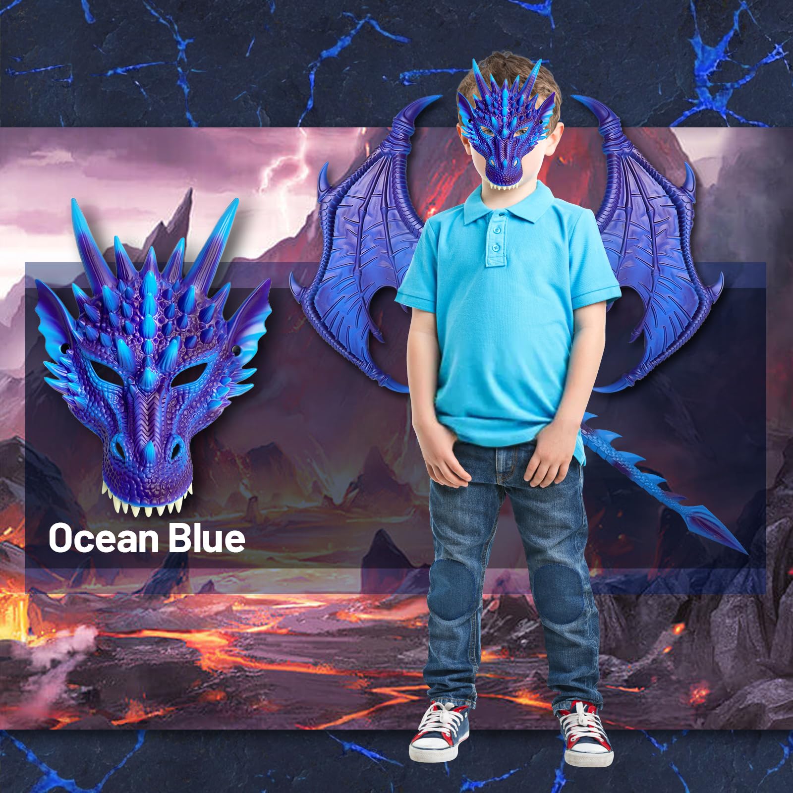 Disfraz de dragón para niños, juego de máscara de cola de dinosaurio, disfraz de Halloween para cosplay, máscara de disfraz de dragón para niños (azul frío) 6