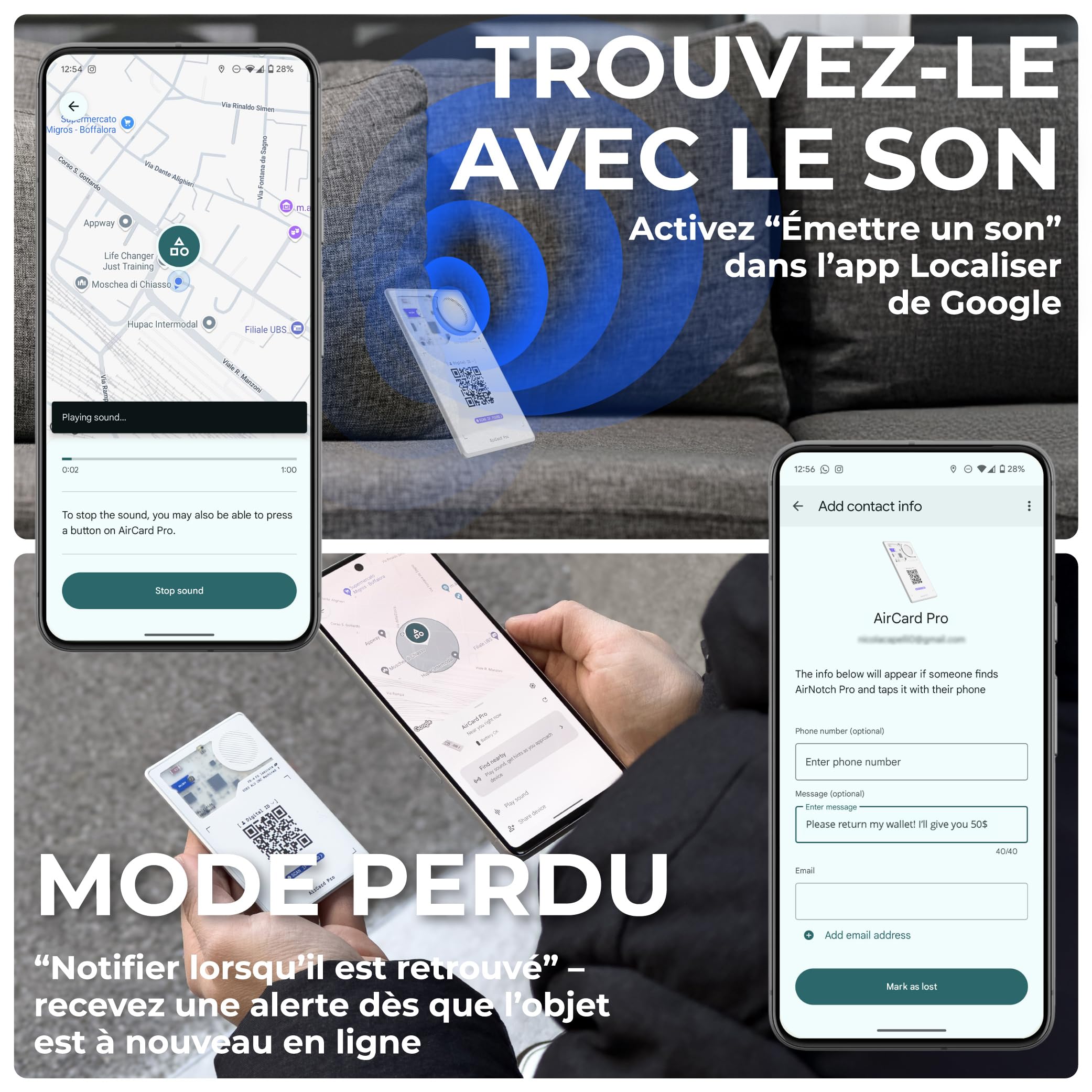 Rolling Square AirCard Pro - Tracker Card Bluetooth UltraMince, Traceur Tag Carte Compatible avec Android Google Find Hub, Charge Wireless, Traqueur Localisateur avec Digital ID, Gadget High Tech