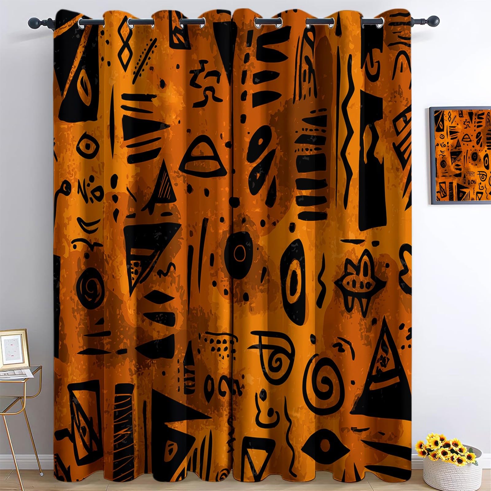 Tan Blackout Curtains - Boys Girls Elegant Graffiti Black Lines Print Eyelet Thermal Insulated Window Drapes for Bedroom Living Room Decor, 2 Panels 46.1" x 90.2" (W x L)