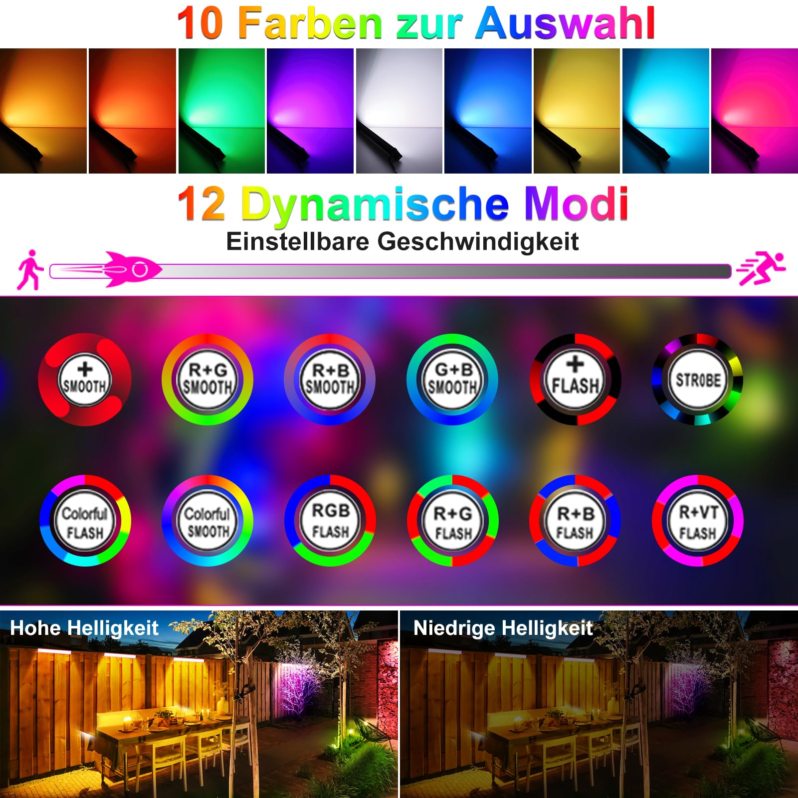 MEIHUA Solar RGB Strahler Wallwasher Farbig 10 Farbe 30 Modi Timer 2 Helligkeit Solar Gartenleuchte Bunt 6000mAh IP66 Wasserdicht Solarlampen für Außen Farbewechsel Garten Party DJ Karneval, 4 in 1