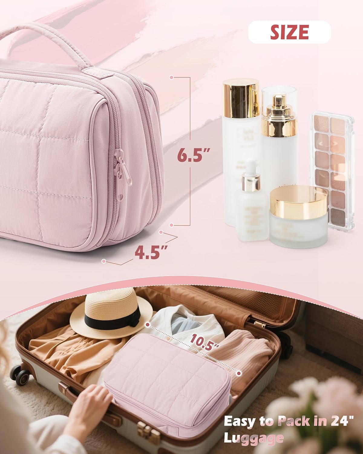 Travel Makeup Bag for Women, Puffy Cosmetics Organizer with Waterproof Pockets, Toiletry Pouch for Makeup Brushes, Skincare & Travel Essentials, Pink (Bag Only) - Image 4