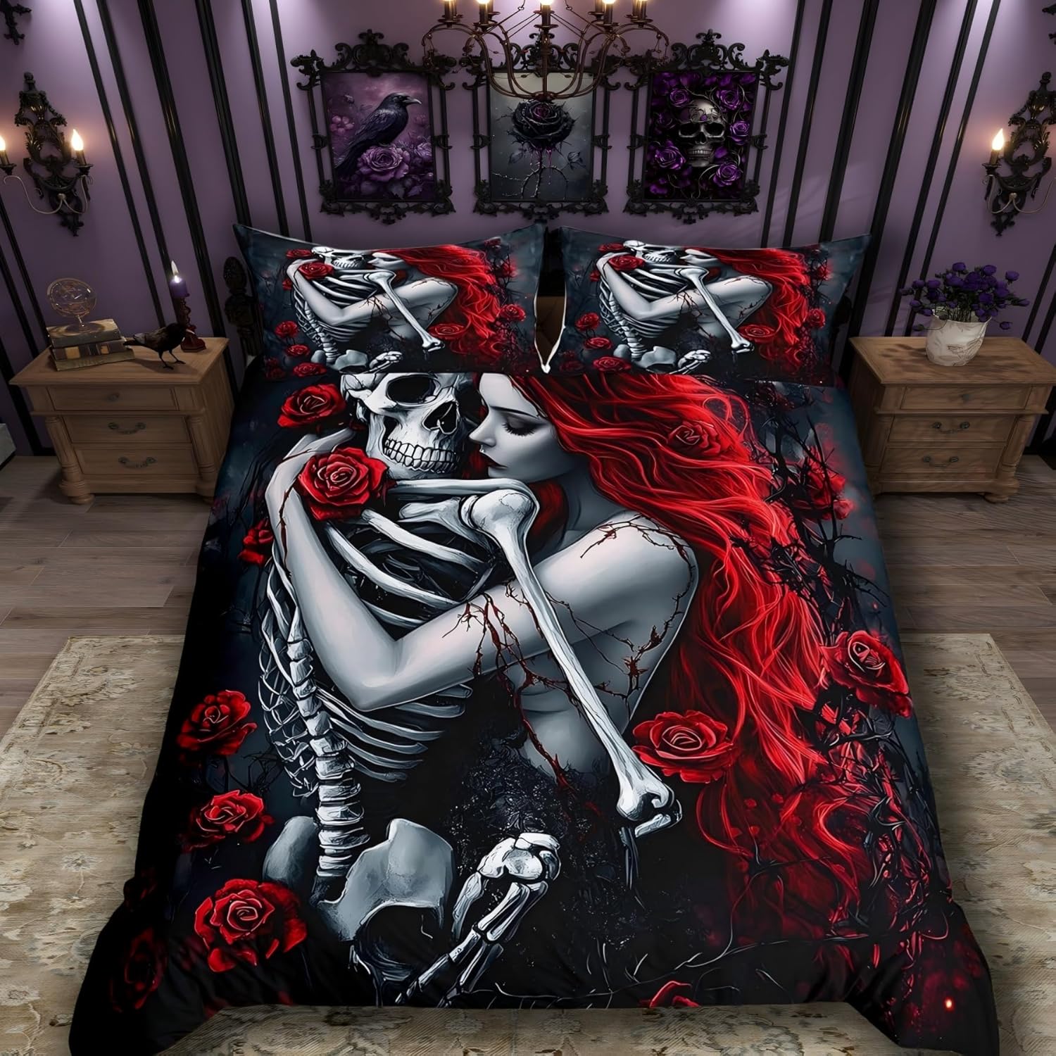 Erosebridal Gothic Bedding Set Red Rose Comforter Set, Goth Skull Art Style Soft Microfiber Bedding 3 Pieces Halloween Themes Quilt Cover with Zipper Closure for Teens Adults, Queen Size