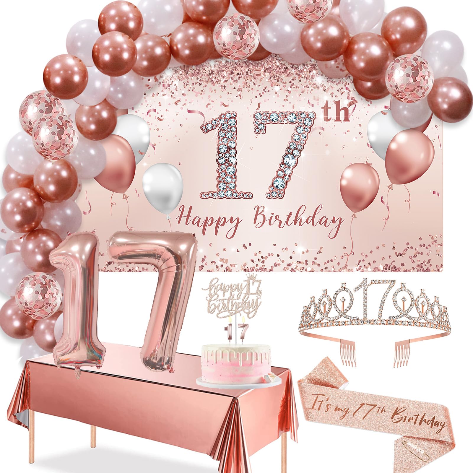 Trgowaul 17th Birthday Decorations Set - Rose Gold Arch, Banner, Tablecloth, Tiara, 60 Latex Balloons