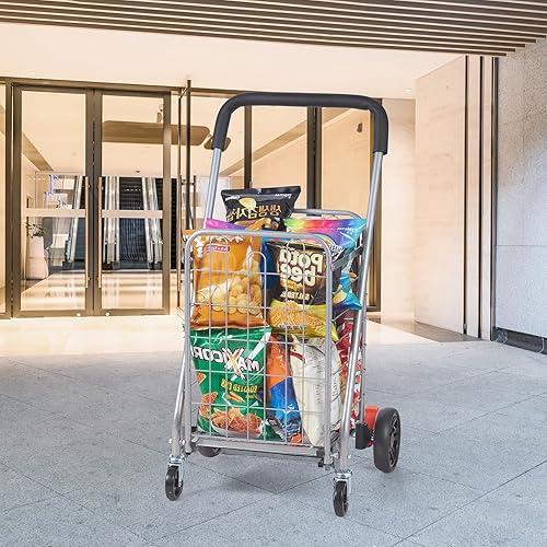 Miniatura 8 de VEVOR Carrito de compras plegable, capacidad de carga máxima de 66 libras, carrito utilitario de comestibles con ruedas giratorias giratorias, cesta