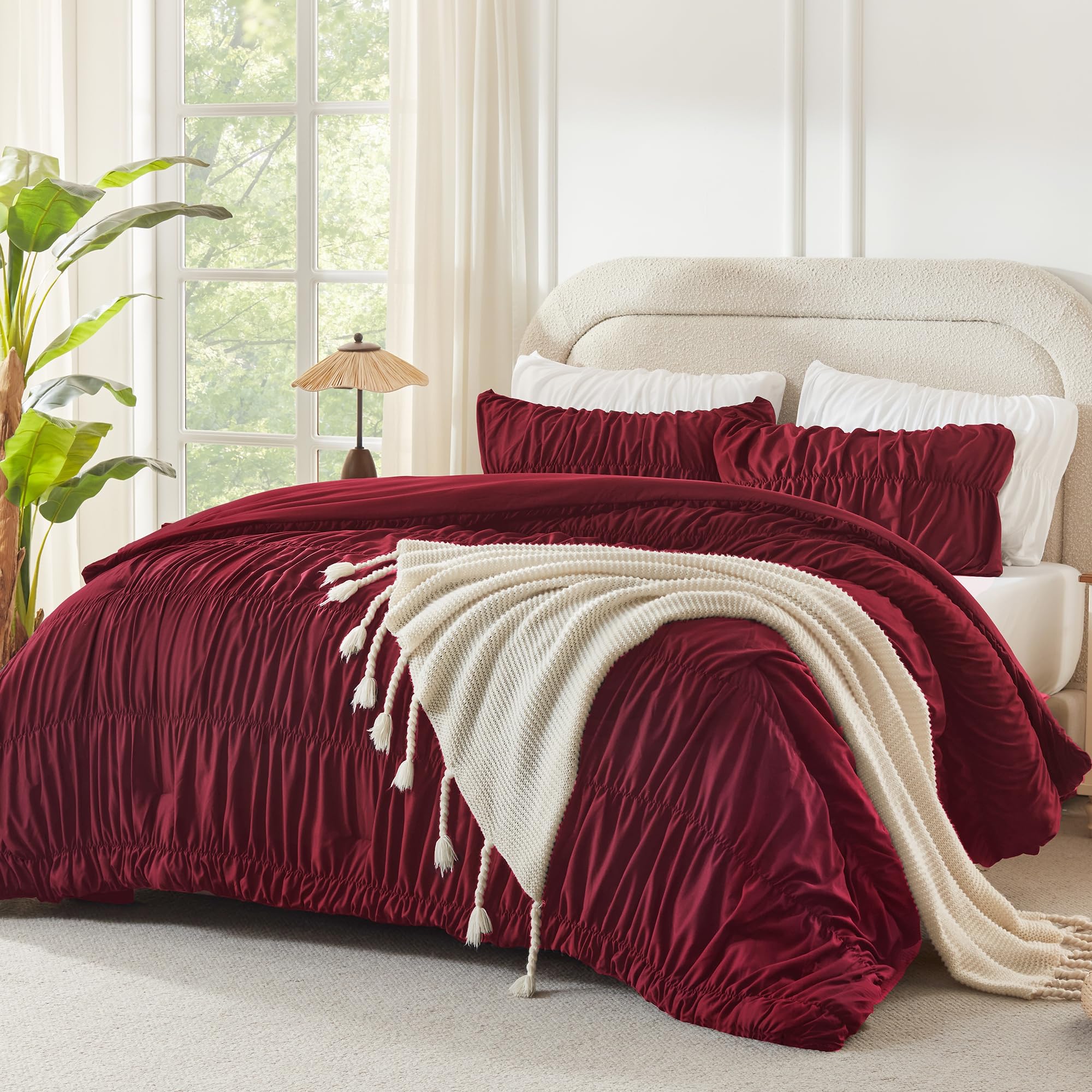 Andency Ruched Burgundy Twin Comforter Set, Boho Ruffle Bedding 2 Pieces