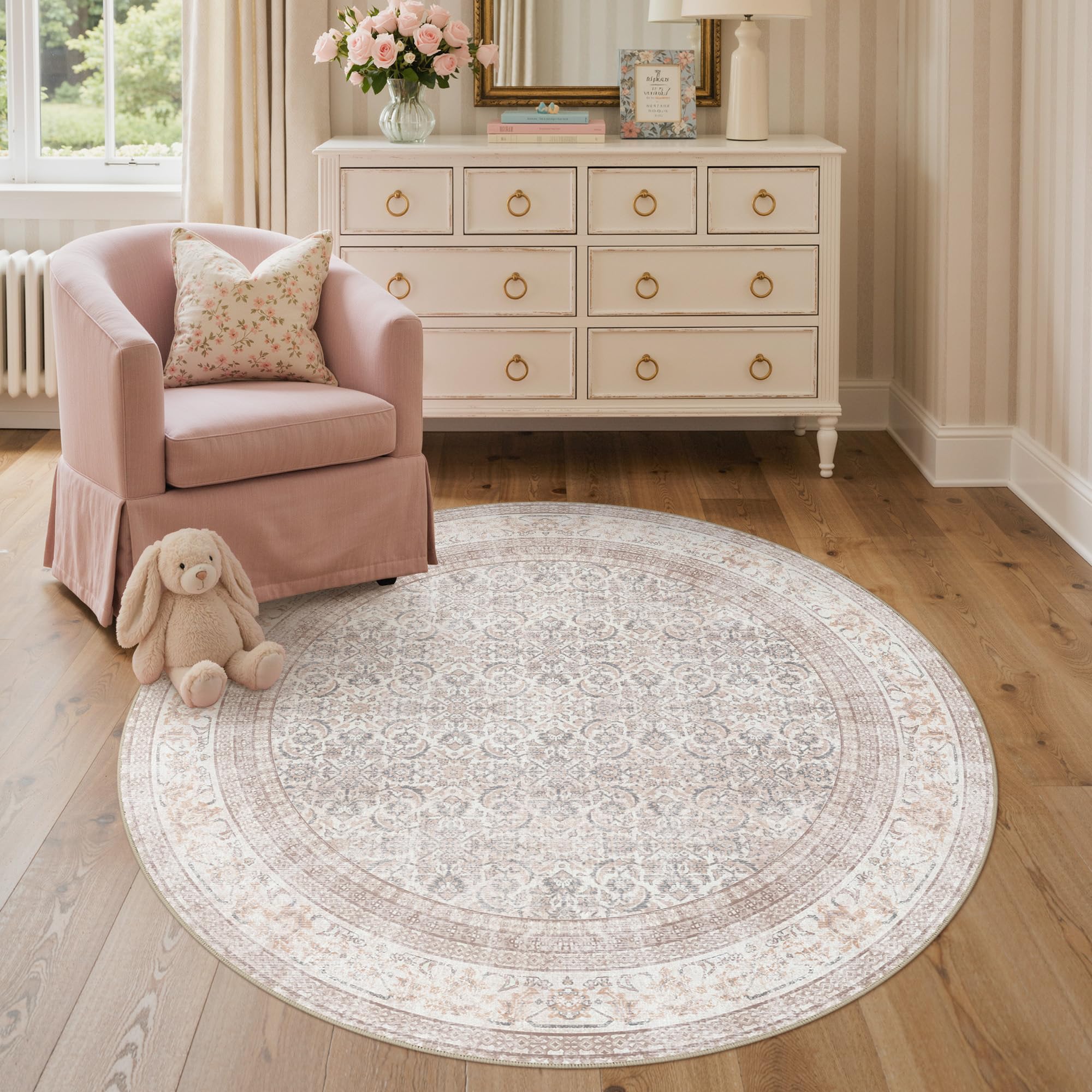 BEIMO Round Washable Rug 120cm – Soft Boho Area Carpet Non-Slip Backing, Machine Washable for Bedroom, Living Room & Nursery, Vintage Floral Print Beige — image 1