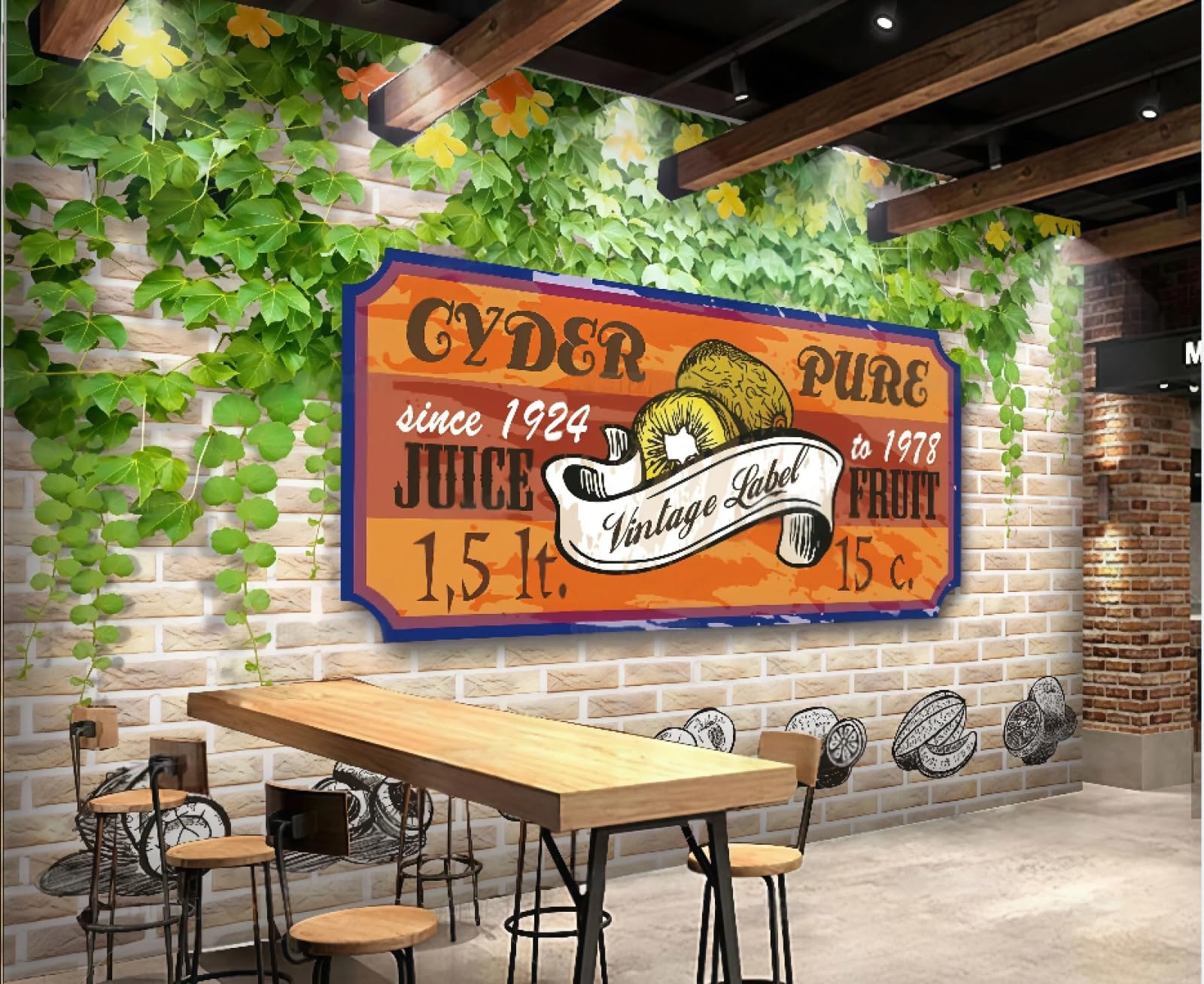 XDOUBAO Wallpaper Retro Brick Wall Green Leaves Fruit Shop Shopping Mall Afternoon Tea Western Restaurant Background Wall Wallpaper Coffee Shop Mural,3D,150x105cm