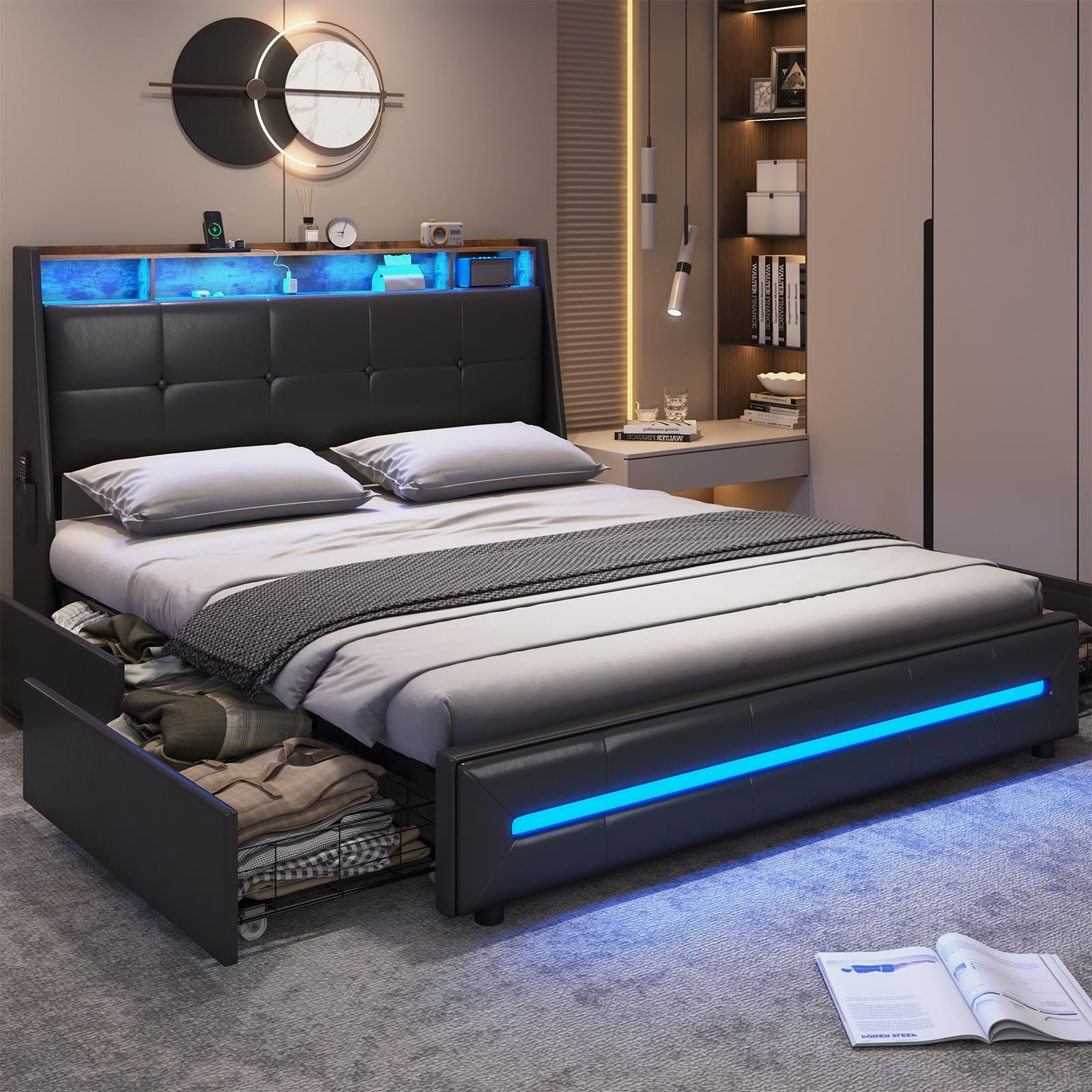 MSmask Full Black Platform Bed with Storage, LED Lights, USB Ports, 4 Drawers, Wingback Headboard - Modern Style, No Box Spring Needed