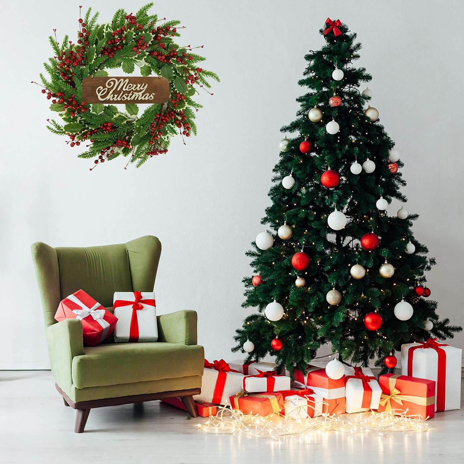 Christmas Wreaths for Front Door Winter Wreath with Holly Leaf,red Berry bin for Front Door Indoor Outdoor Farmhouse Festival Home Decor - Image 6