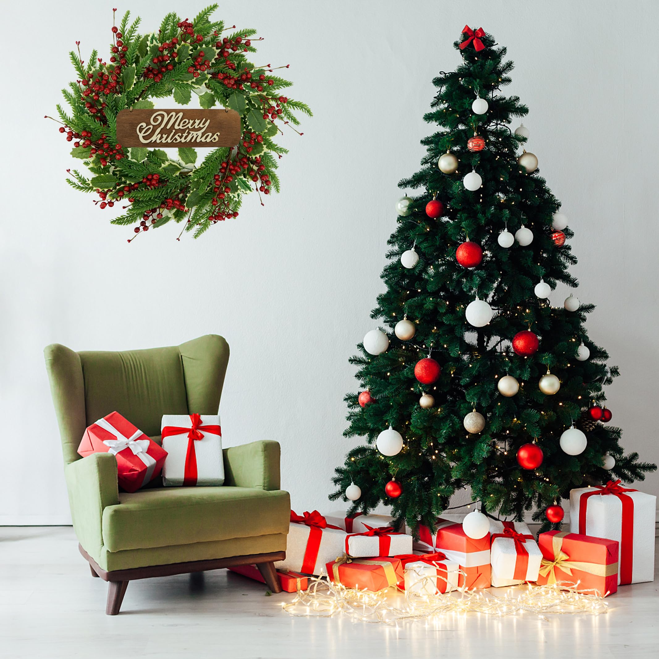 Couronne De Noël Rouge Baies & Houx – Décoration Porte Suspendue Hiver Festive 35 Cm