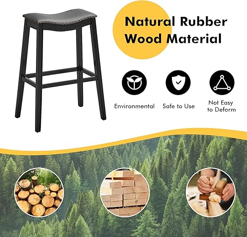 Miniatura 17 de COSTWAY Juego de 4 taburetes de bar de altura de mostrador, taburete de silla sin respaldo de 29 pulgadas de altura con patas de madera de goma,