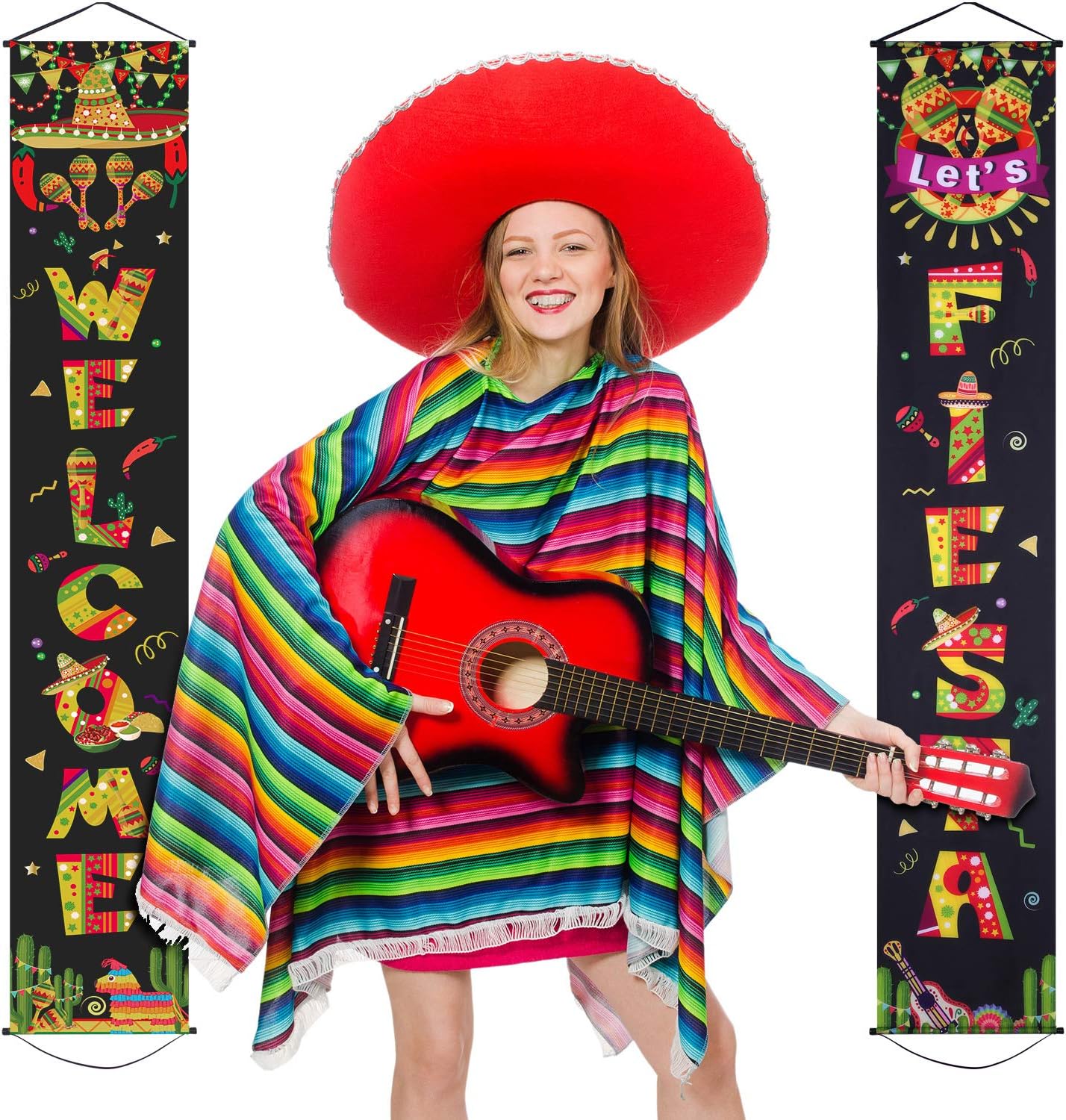 Blulu Cinco De Mayo Door Banner Mexican Fiesta Banner Welcome Mexican Party Decoration Porch Sign Carnival Wall Hanging Decoration Taco Cactus Festival Party Supplies(Black Fiesta)