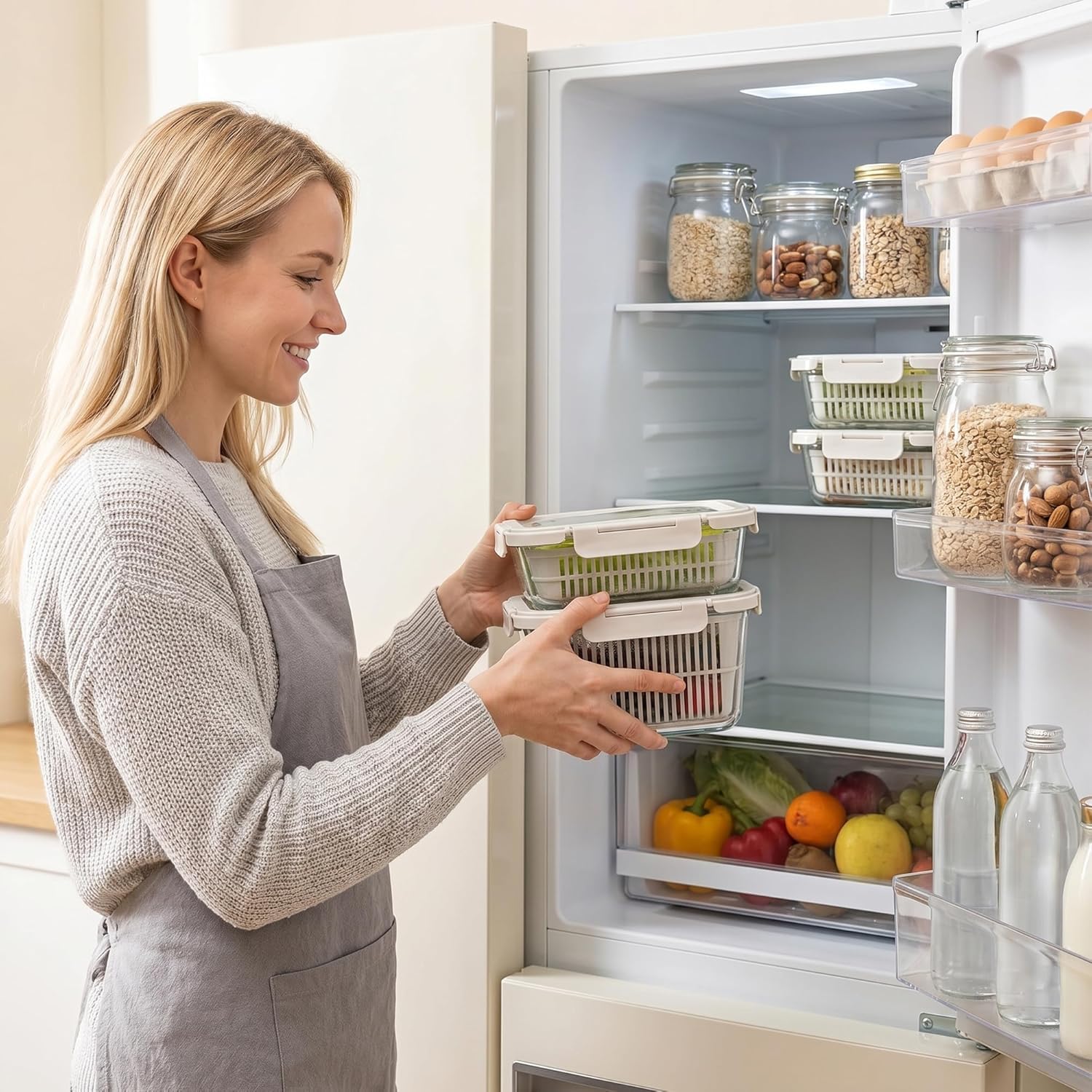 Frischhaltedosen Glas mit Abtropfsieb,Kühlschrank-Organizer Glas,luftdichte Aufbewahrungsbox für Gemüse und Obst, Obst Gemüse Aufbewahrung,1050 ml und 1800 ml,Siebeinsatz und BPA-freien Silikondeckeln