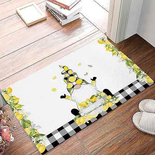 Lindo gnomo de granja de frutas de limón hojas de búfalo negro y blanco a cuadros tapete de ducha para baño tapete antideslizante tapete absorbente