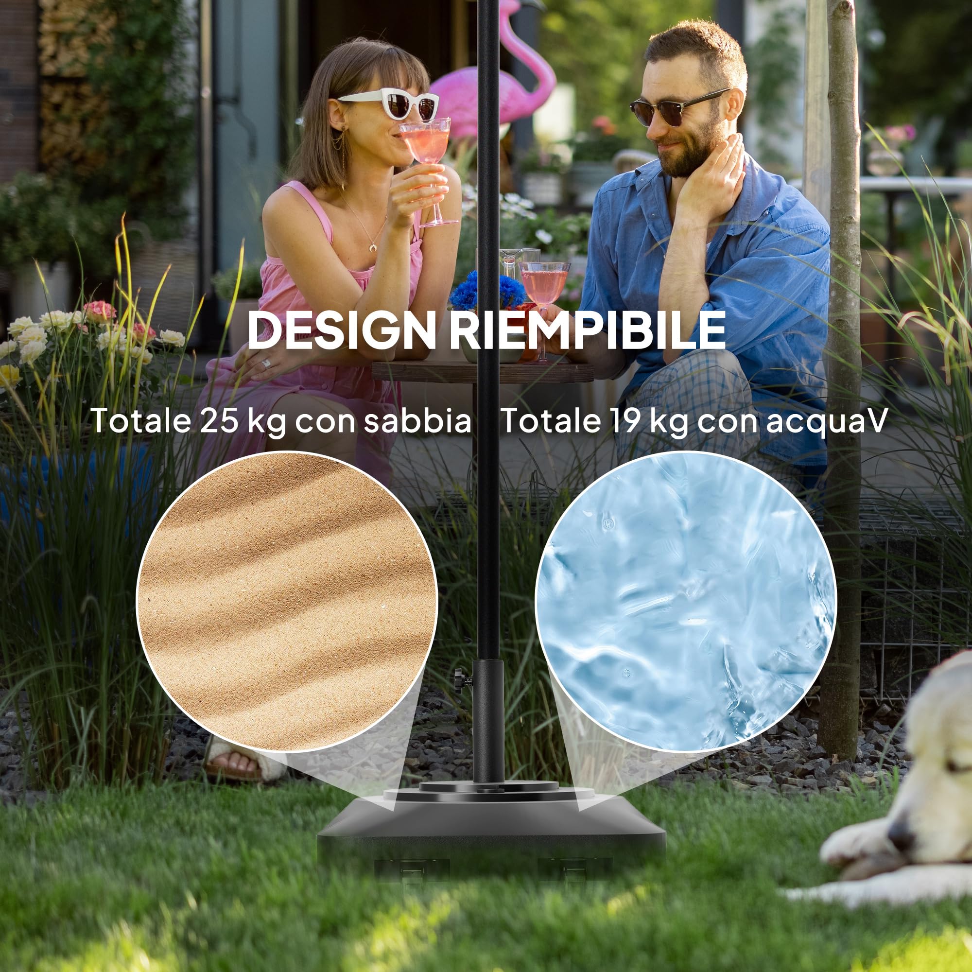Outsunny Base per Ombrellone a Rotelle con 2 Freni, Basamento per Ombrellone in HDPE con Acqua 19kg e Sabbia a 25 kg, per Pali di Ombrelloni da Ø38/48 mm, 48x48x32.5 cm, Nero