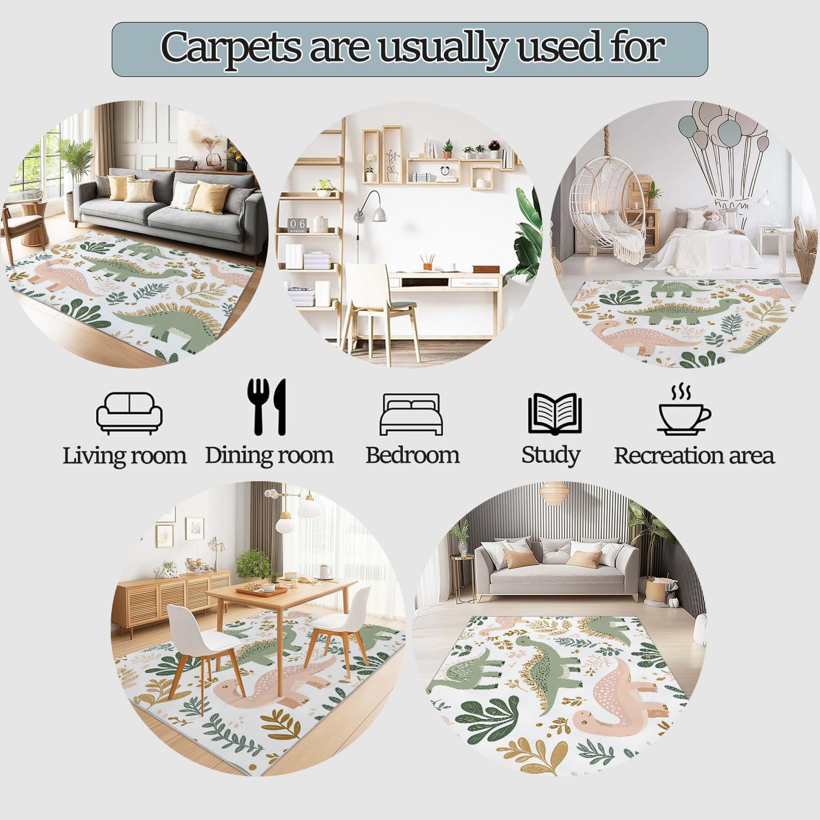 Teppich Bunt Dekor Teppich Kinder Wohnzimmer Teppiche 60 x 120 cm Indoor Bodenmatte Üppiges Laub süß Dinosaurier Kurzfloriger, moderner maschinenwaschbarer Rutschfester Heimteppich